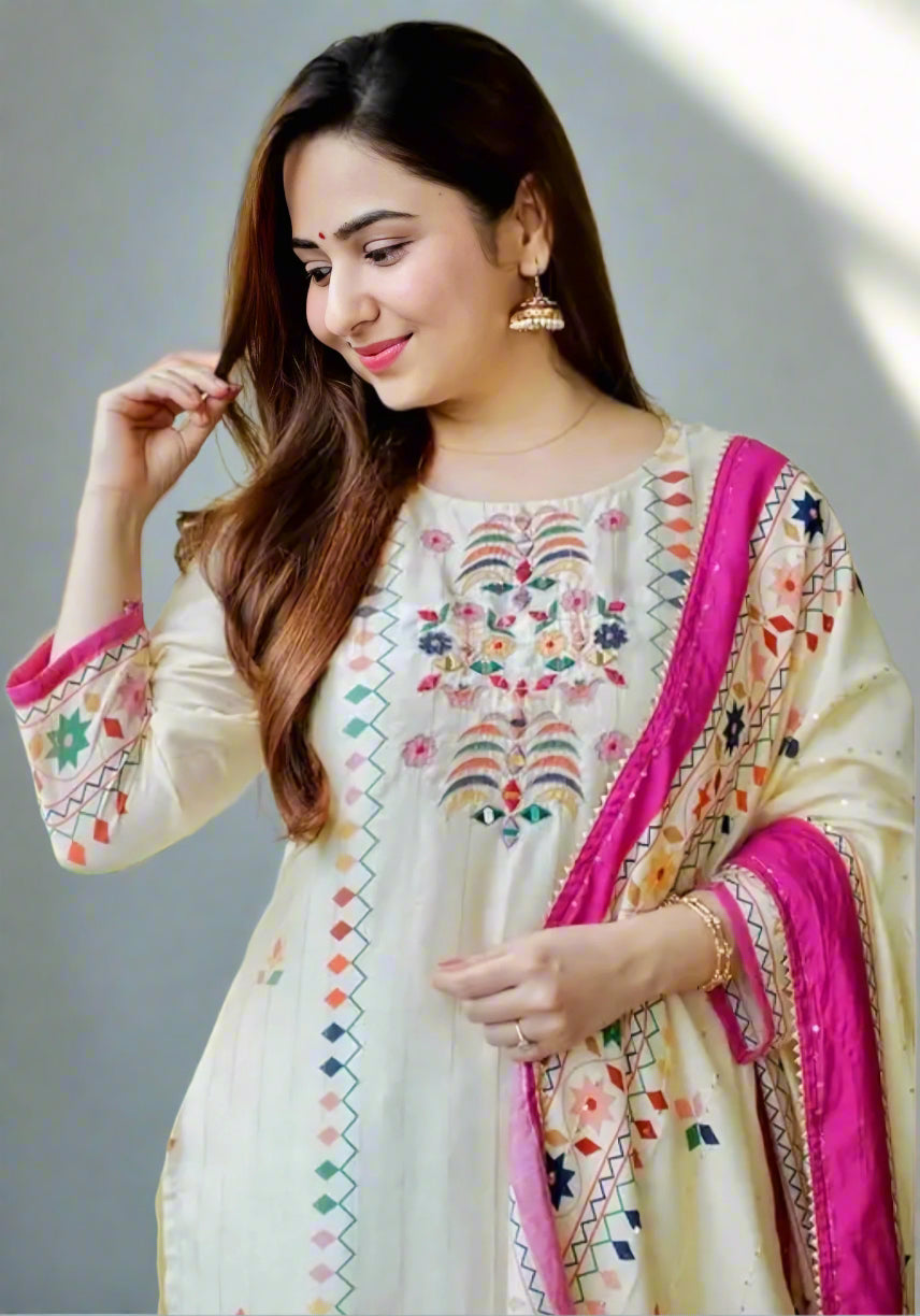 Floraluna Women Floral Embroidered Regular Sequinned Kurti with Pyjamas & With Dupatta