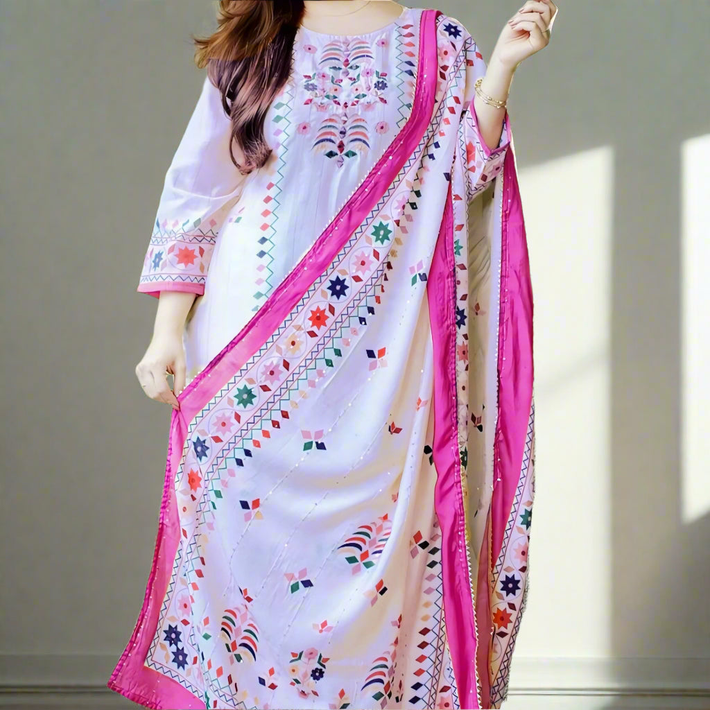 Floraluna Women Floral Embroidered Regular Sequinned Kurti with Pyjamas & With Dupatta