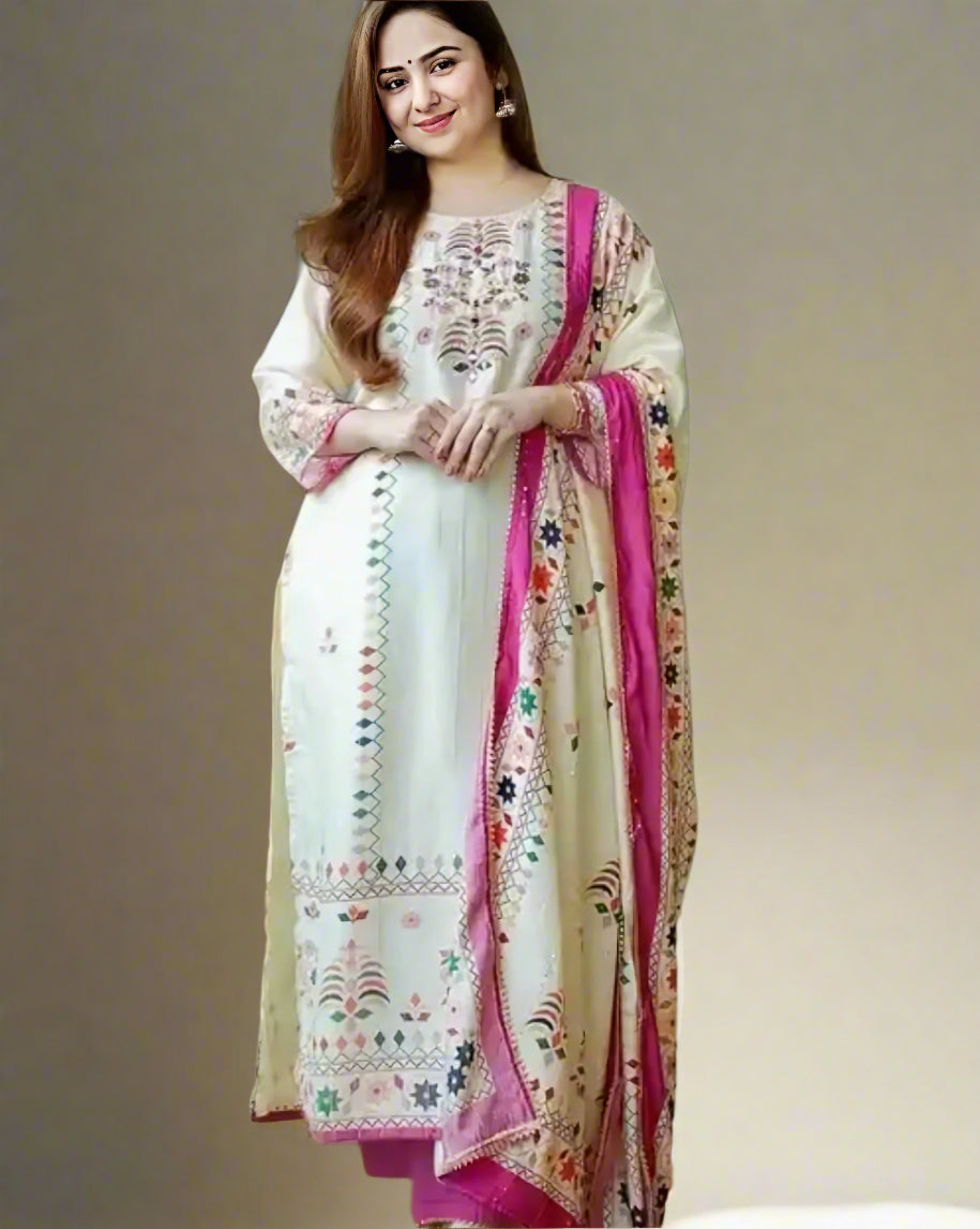 Floraluna Women Floral Embroidered Regular Sequinned Kurti with Pyjamas & With Dupatta