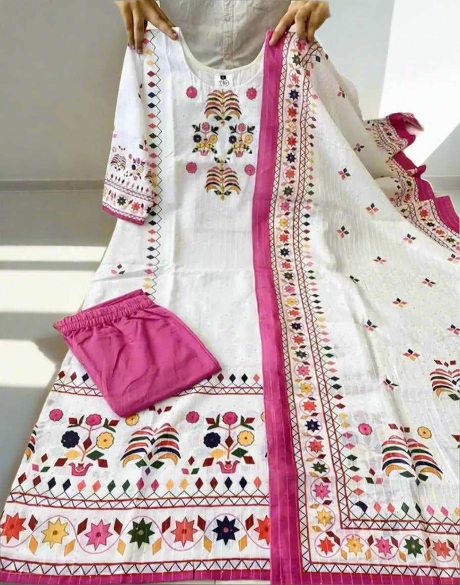 Floraluna Women Floral Embroidered Regular Sequinned Kurti with Pyjamas & With Dupatta