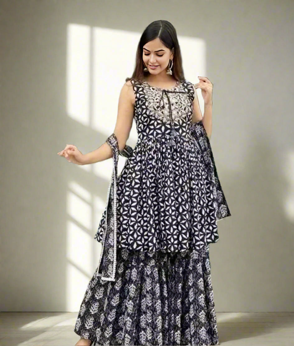 Floraluna Women's Rayon Printed Sleeveless Short Designer Kurti,Sharara With Dupatta Set(Dark Blue)