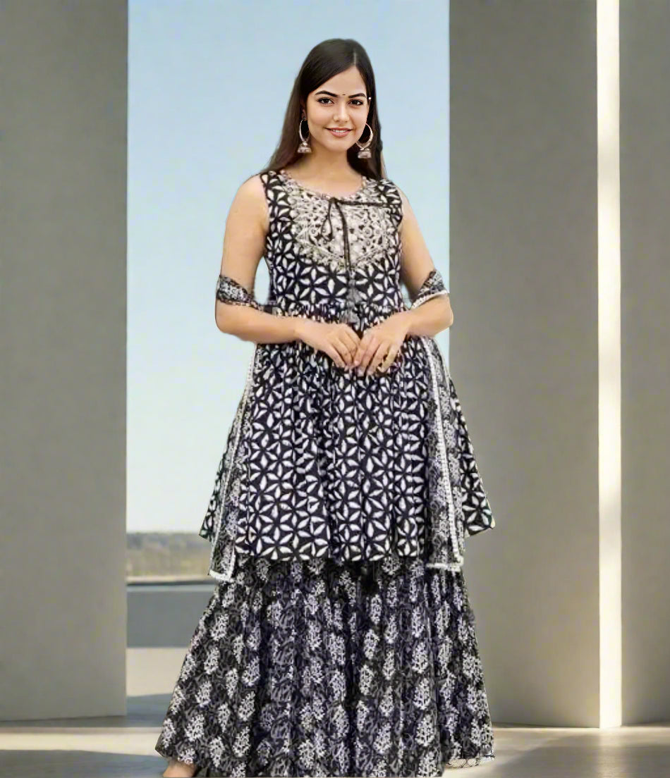 Floraluna Women's Rayon Printed Sleeveless Short Designer Kurti,Sharara With Dupatta Set(Dark Blue)