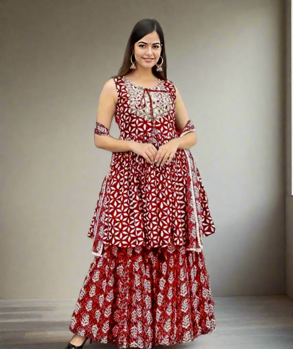 Floraluna Women's Rayon Printed Sleeveless Short Designer Kurti,Sharara With Dupatta Set