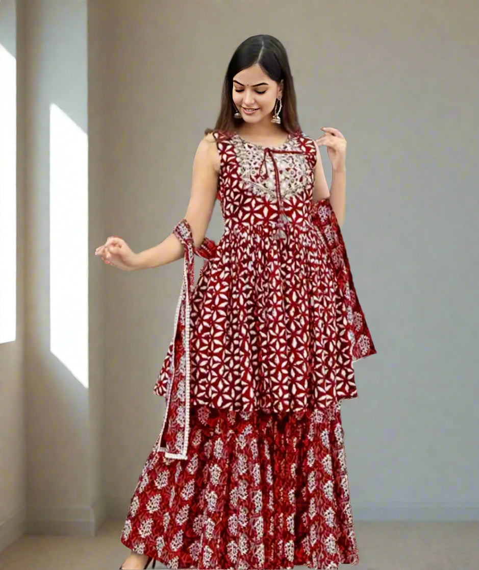 Floraluna Women's Rayon Printed Sleeveless Short Designer Kurti,Sharara With Dupatta Set