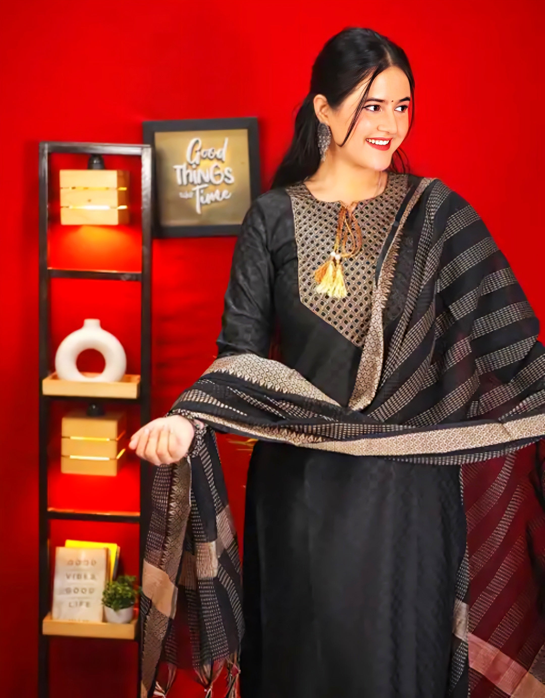 Floraluna Women Cotton Blend Kurti Pant Dupatta Set Black