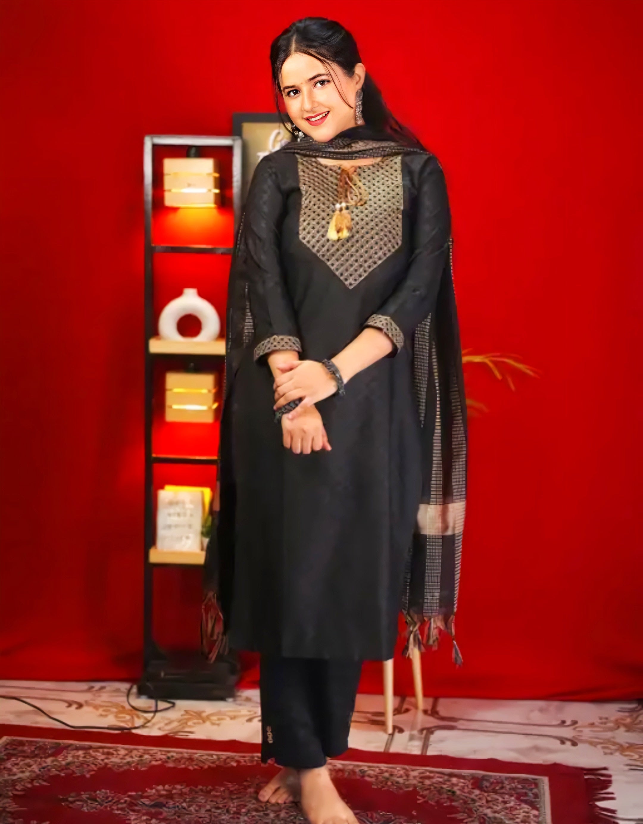 Floraluna Women Cotton Blend Kurti Pant Dupatta Set Black
