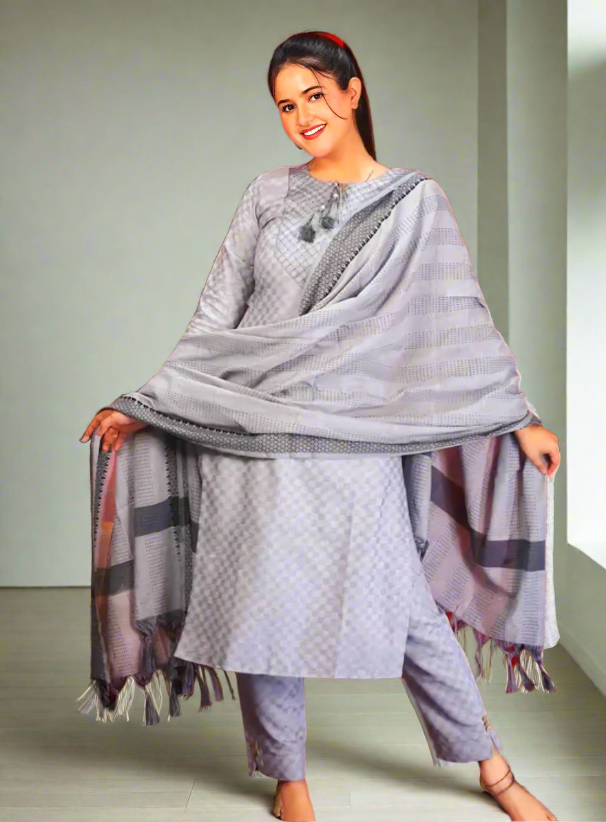 Floraluna Women Cotton Blend Kurti Pant Dupatta Set white