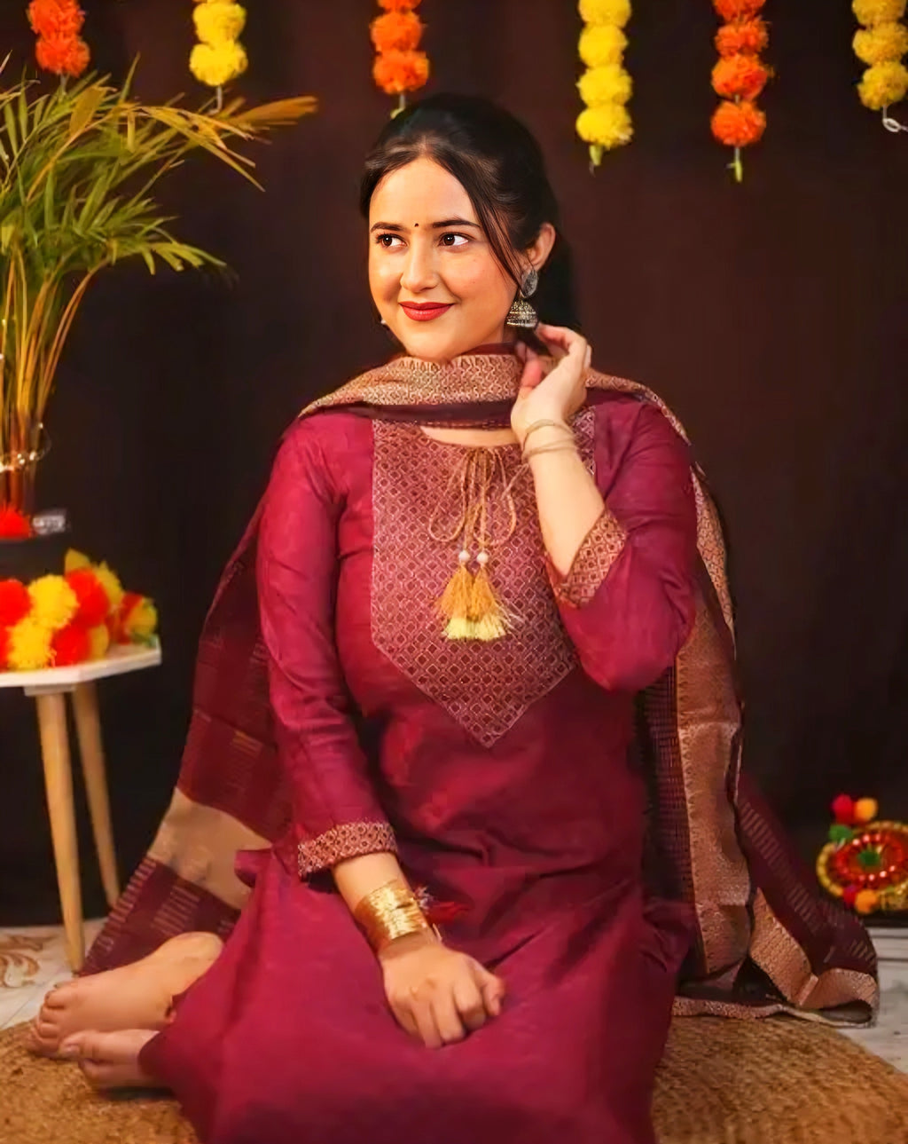 Floraluna Women Cotton Blend Kurti Pant Dupatta Set