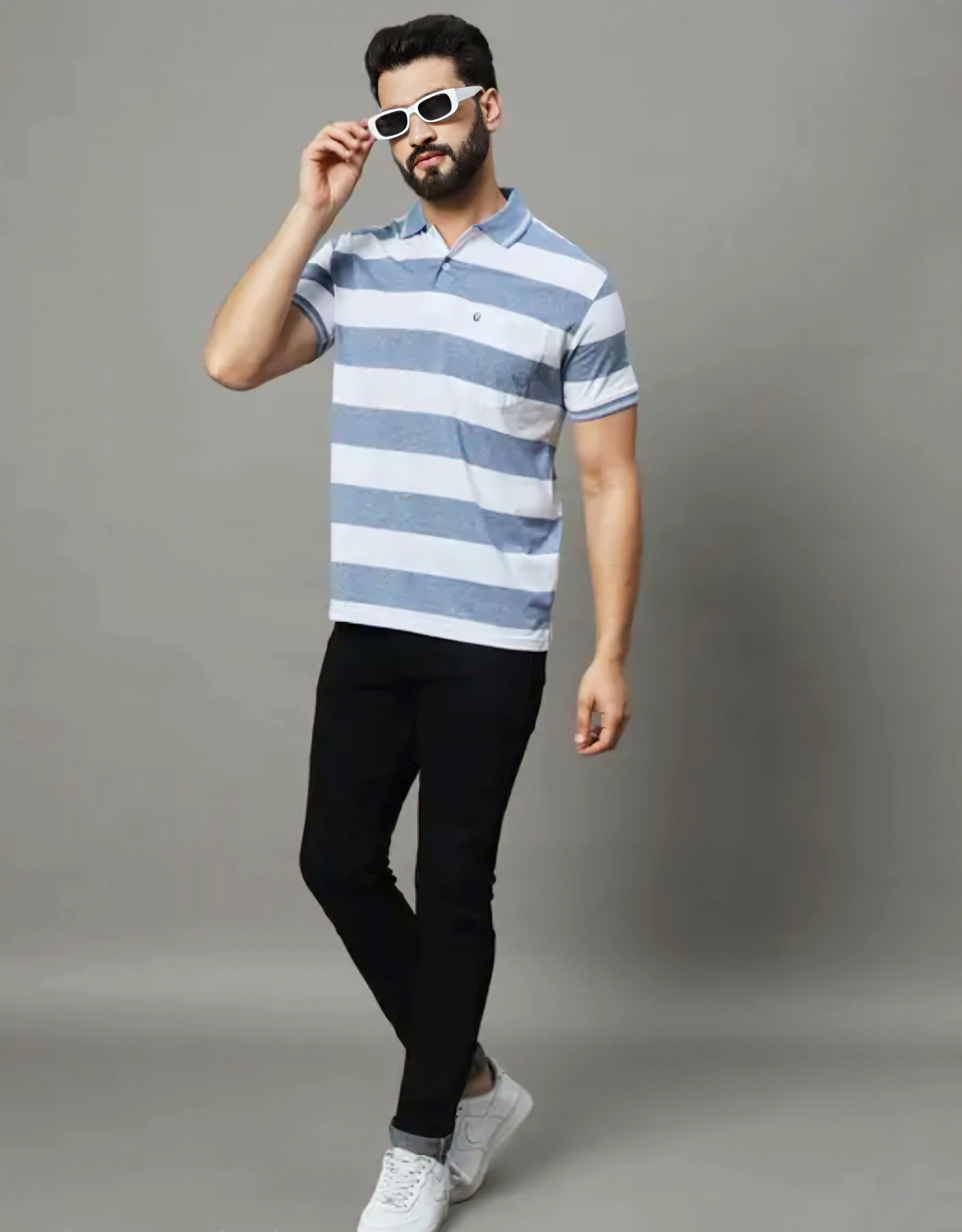 Floraluna Men's Cotton Blend Polo Collar Striper T Shirt Has A Short Sleeves & Pocket