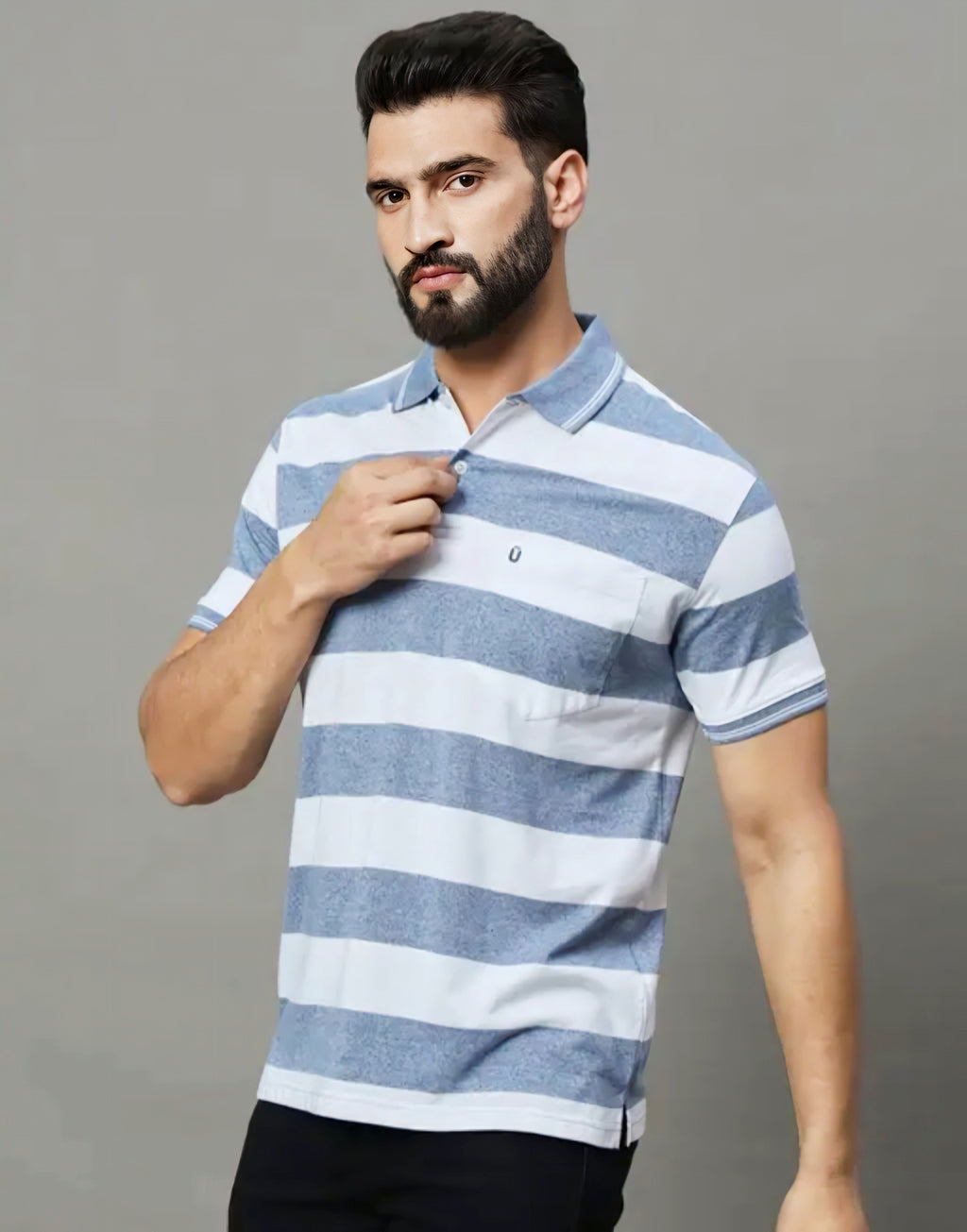 Floraluna Men's Cotton Blend Polo Collar Striper T Shirt Has A Short Sleeves & Pocket