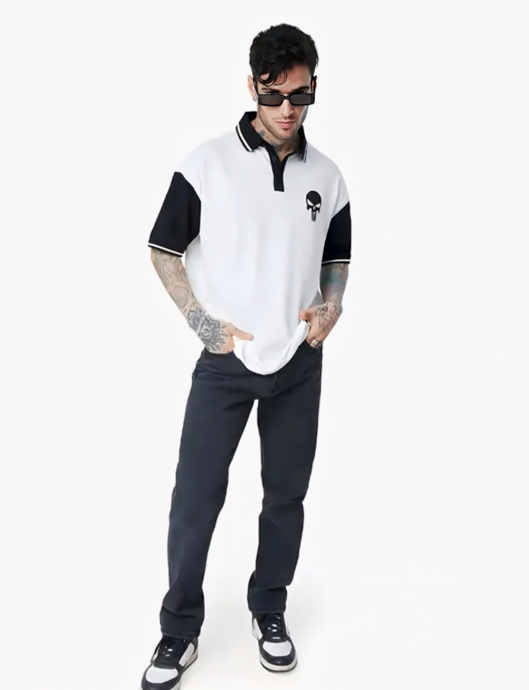 Floraluna Official Punisher: Logo Mens and Boys Polos Half Sleeve|Regular fit Graphic Printed| 100% Cotton White & Black Color Oversized Polos