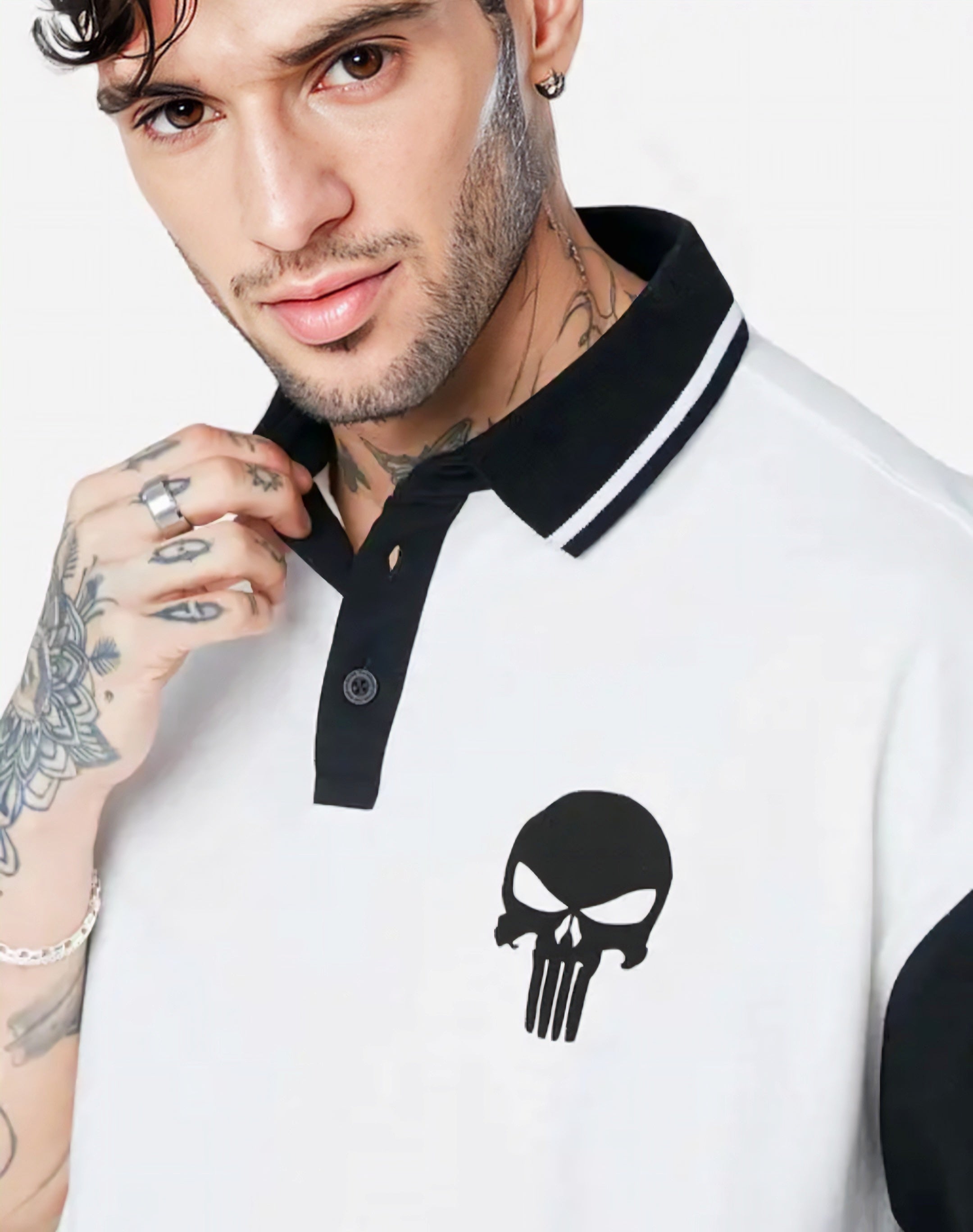 Floraluna Official Punisher: Logo Mens and Boys Polos Half Sleeve|Regular fit Graphic Printed| 100% Cotton White & Black Color Oversized Polos