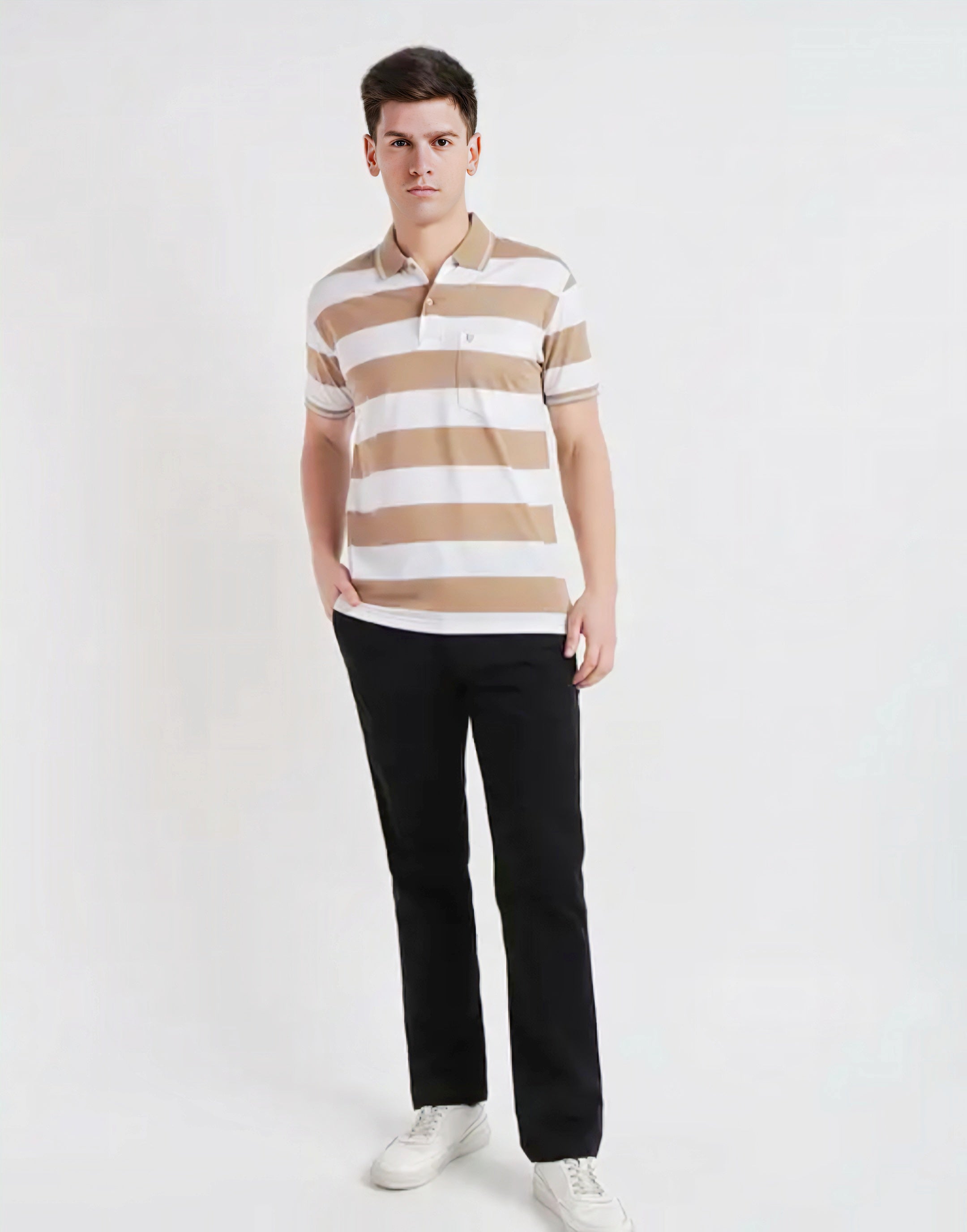 Floraluna Men Striped Polo Collar Pockets T-shirt