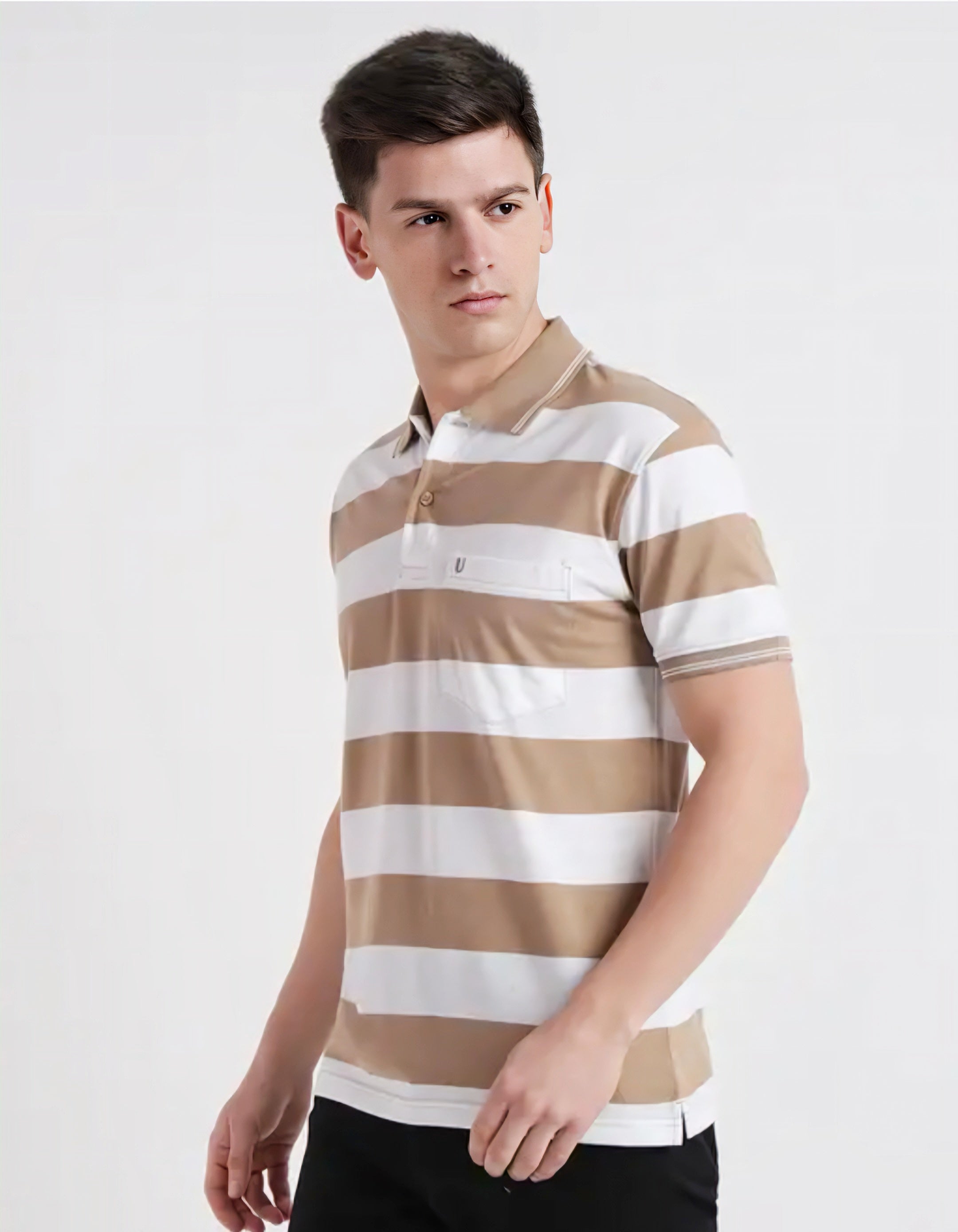 Floraluna Men Striped Polo Collar Pockets T-shirt