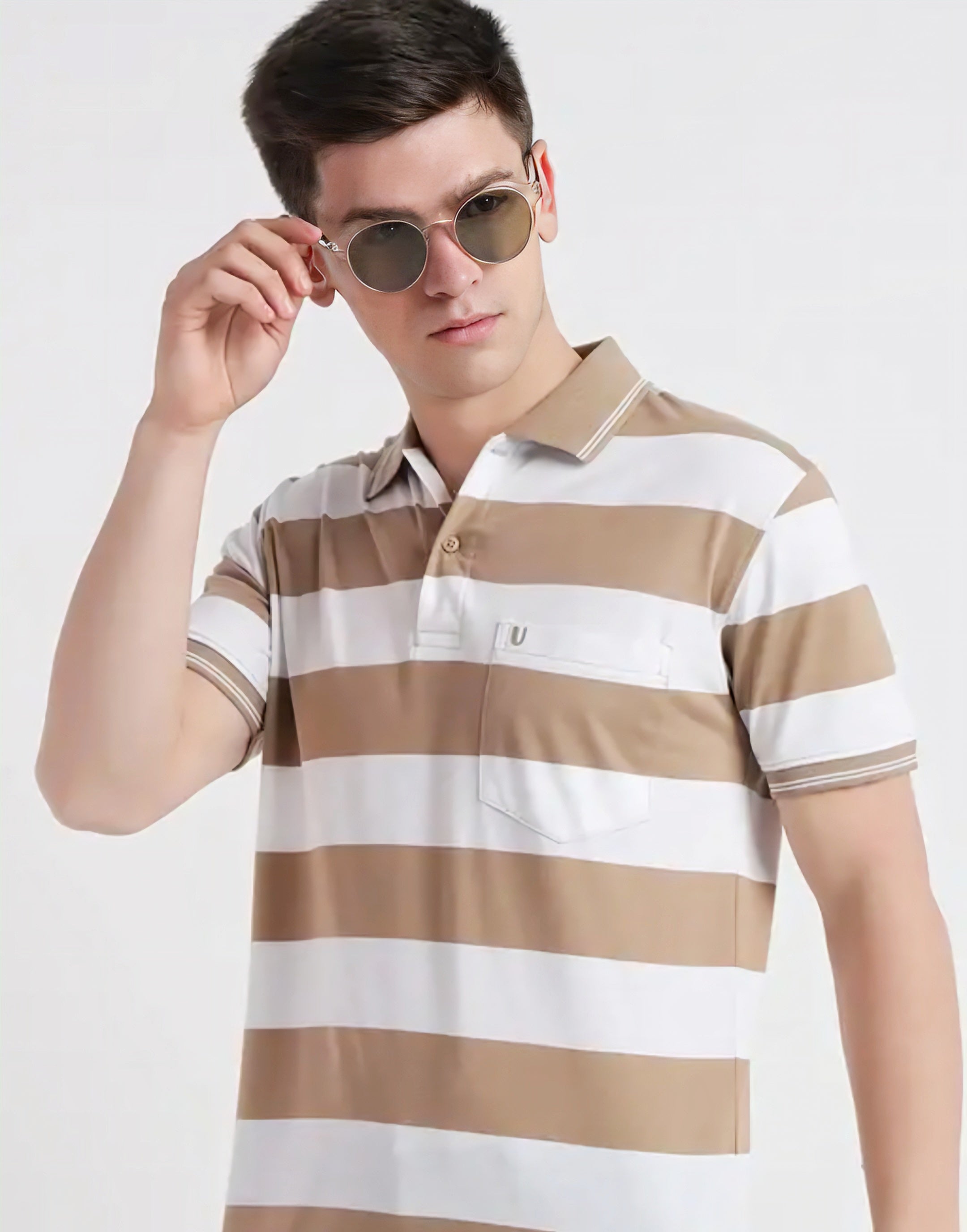Floraluna Men Striped Polo Collar Pockets T-shirt