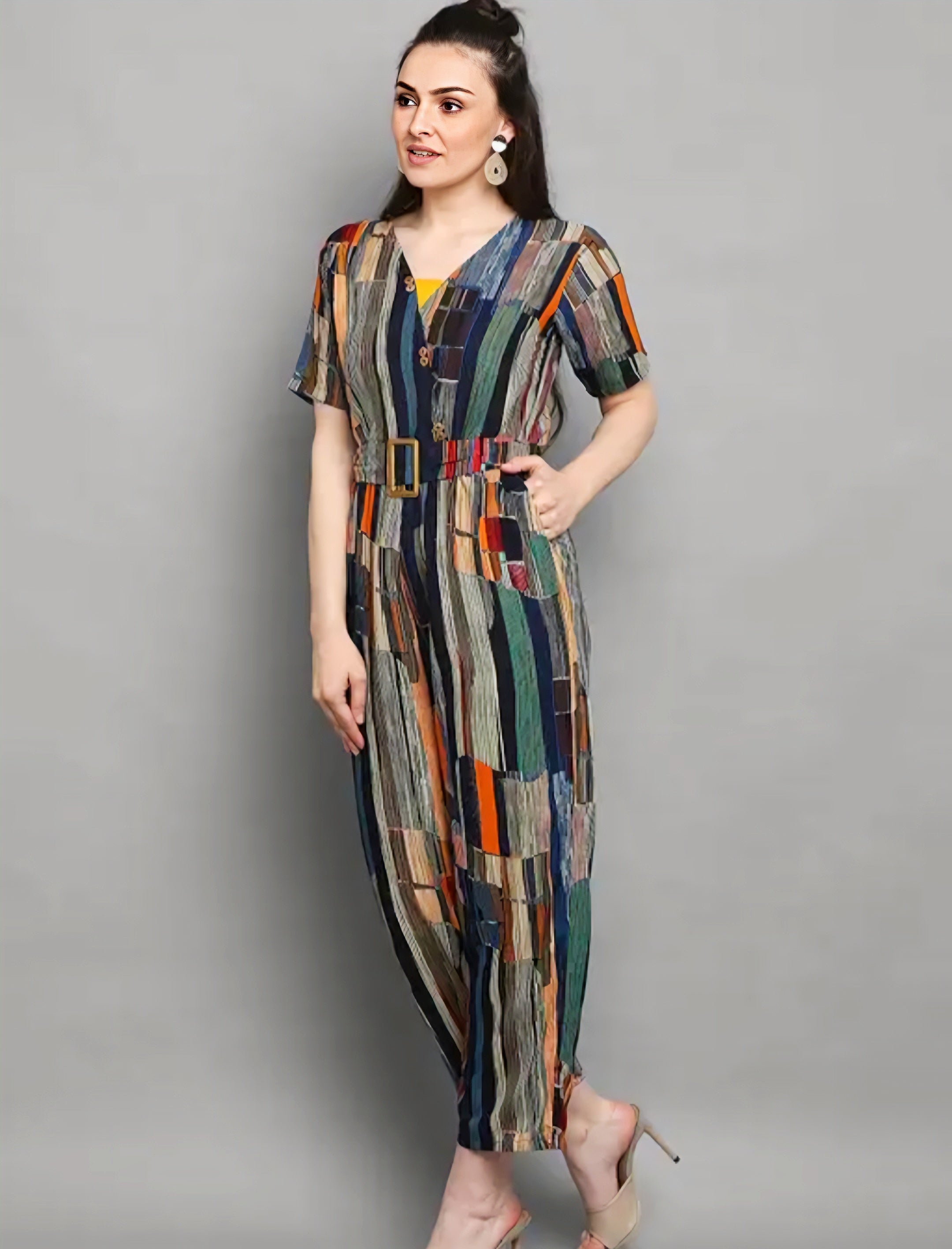 Floraluna Women's Rayon Foil Printed Round Neck Jumpsuit