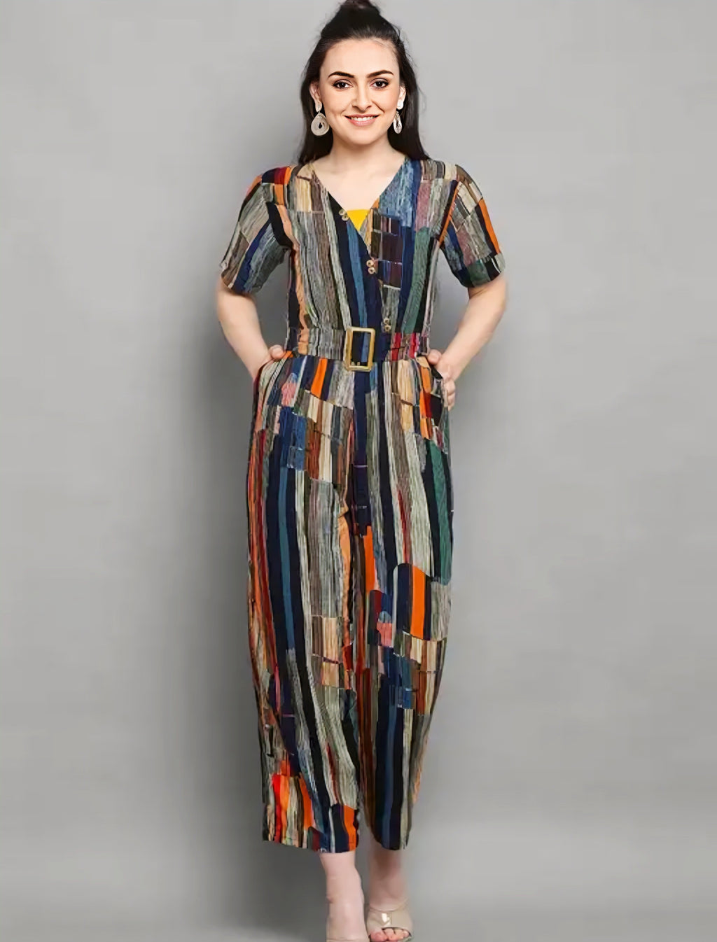 Floraluna Women's Rayon Foil Printed Round Neck Jumpsuit