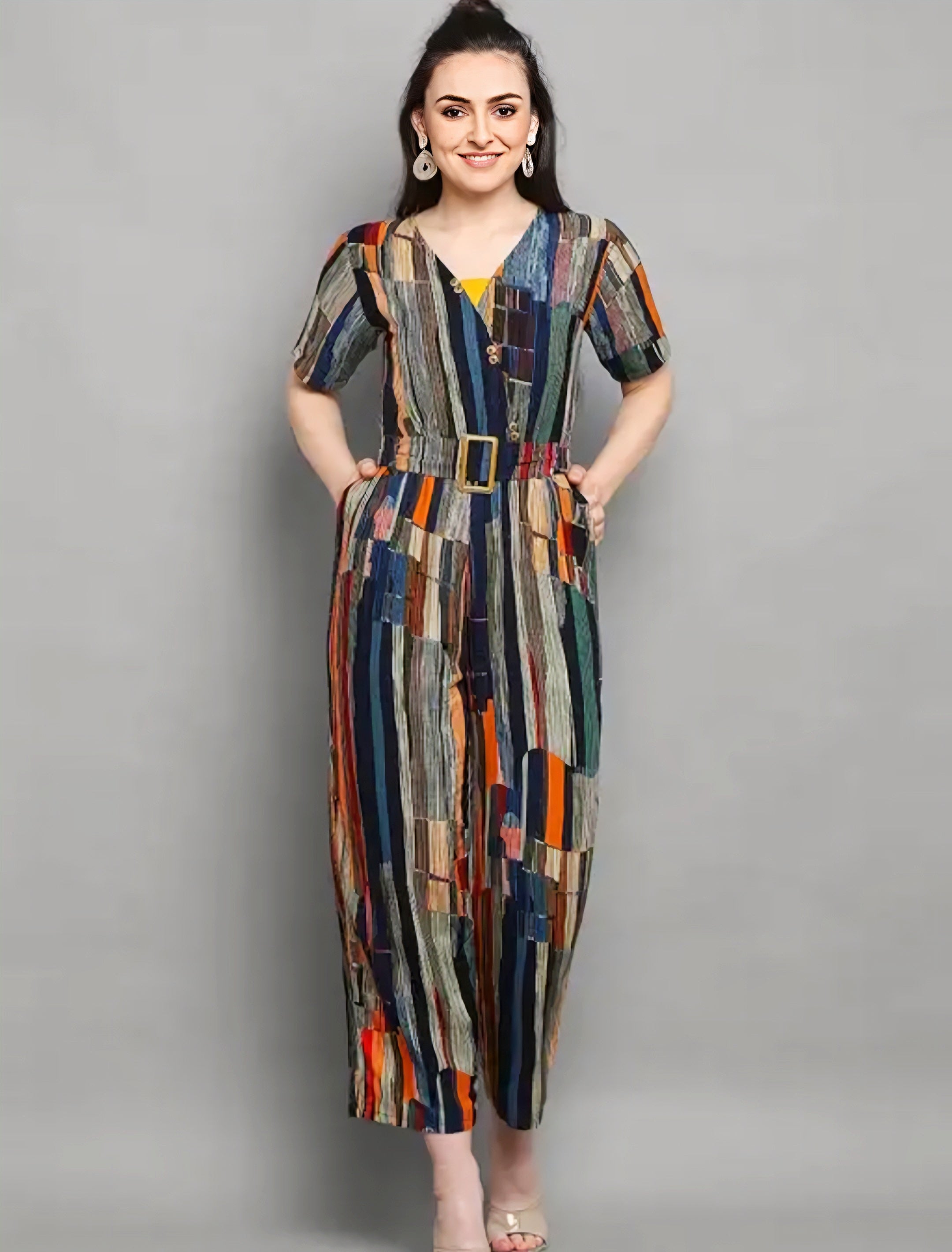 Floraluna Women's Rayon Foil Printed Round Neck Jumpsuit