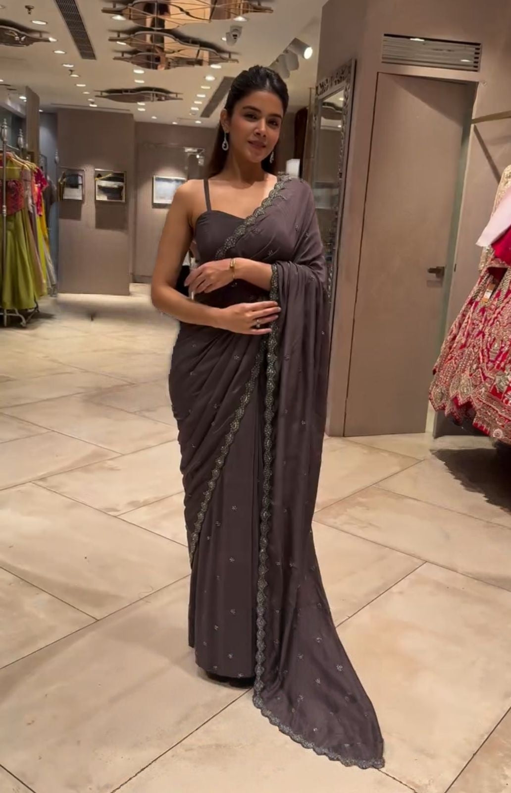 Charcoal Mauve Georgette Saree with Scalloped Cutwork