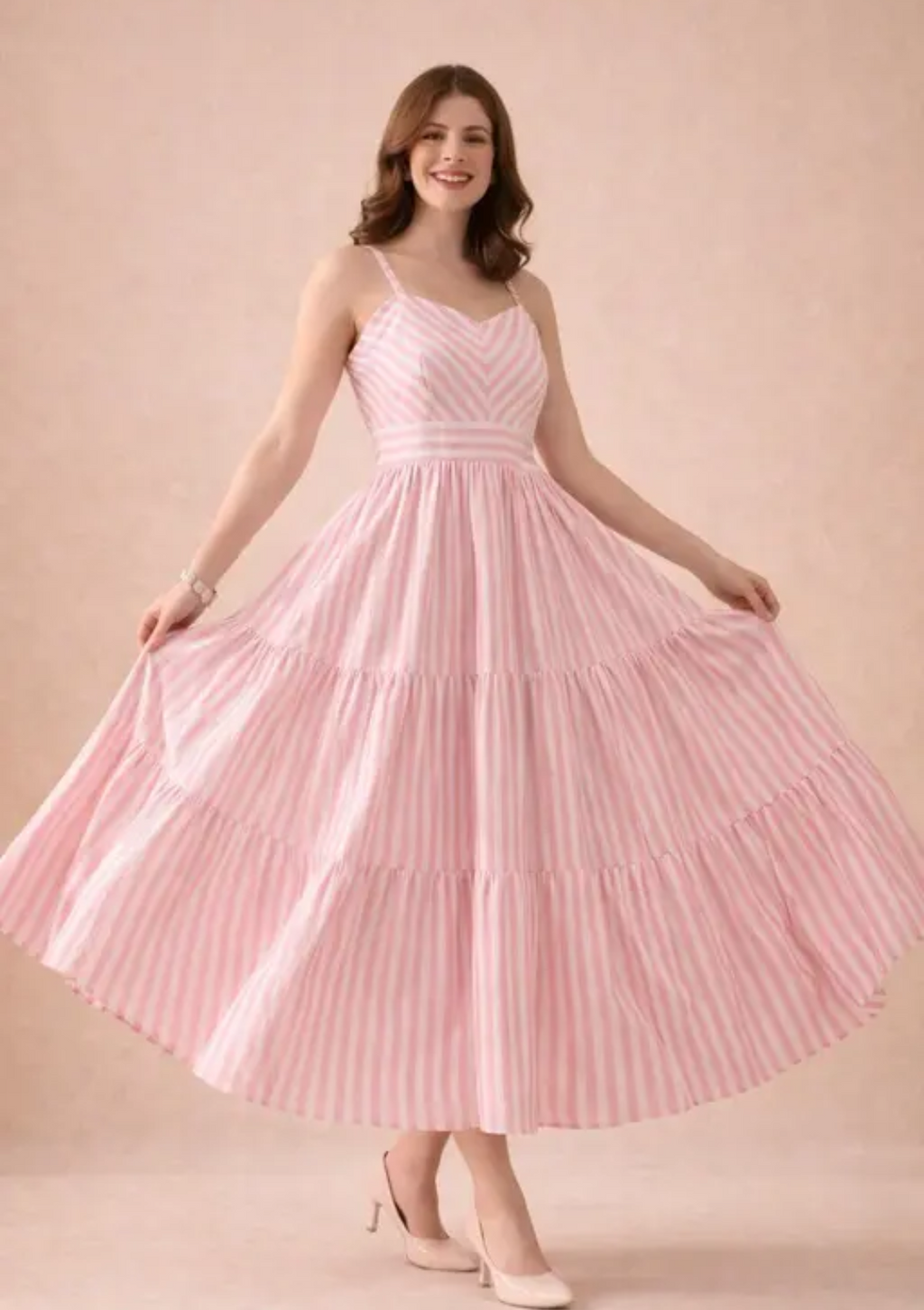 FloraLuna Pink and White Striped Tiered Maxi Dress
