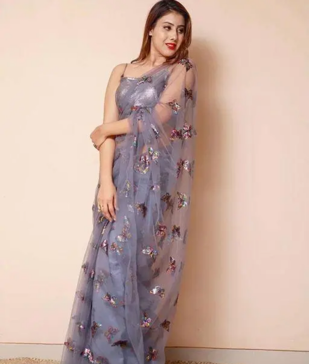 FloraLuna Elegant Lavender-Grey Organza Butterfly Saree