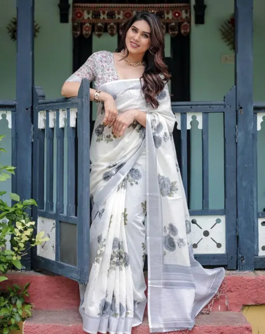 FloraLuna Luxury Off-White Organza Floral Saree