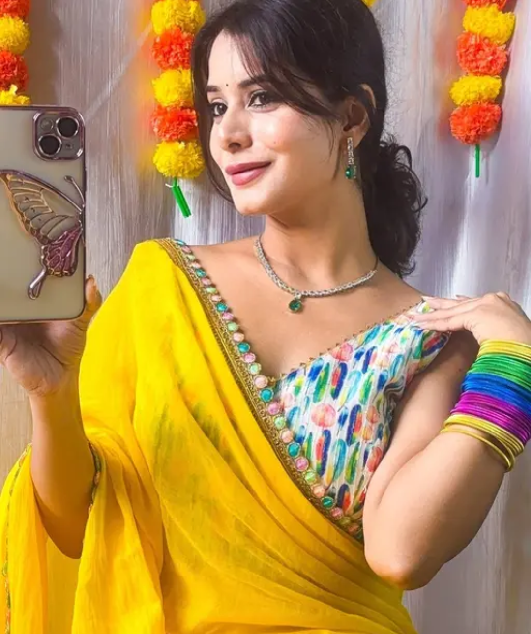 FloraLuna Gorgeous Sunshine Yellow Saree with Embroidered Multicolour Blouse