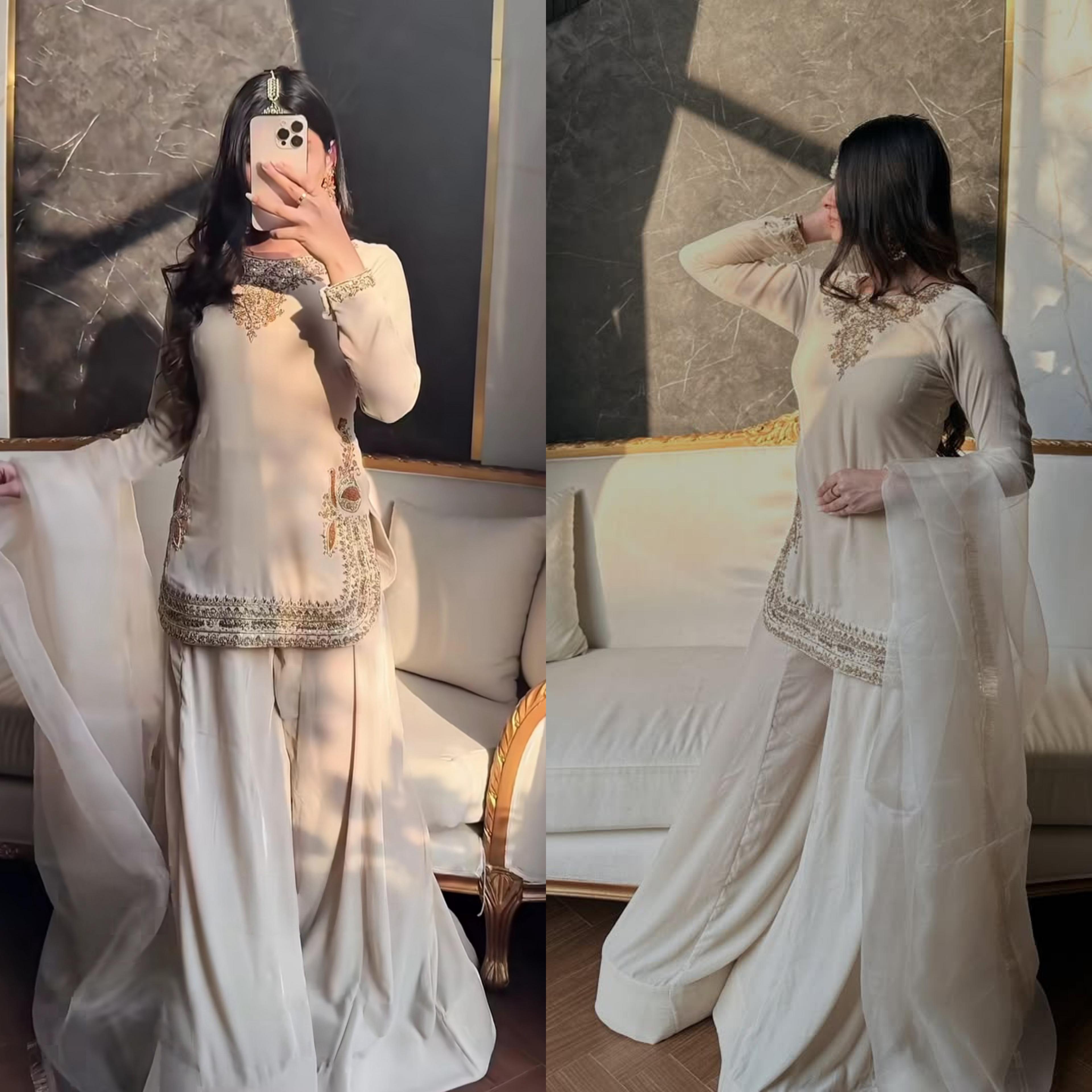 FloraLuna korean Satin Silk Heavy Bids Hand Work Embroidery Sequence Work Suit