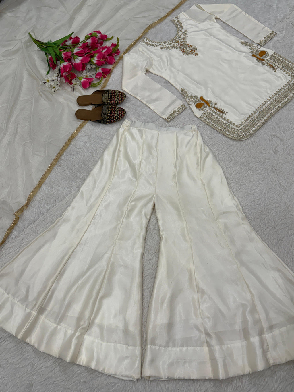 FloraLuna korean Satin Silk Heavy Bids Hand Work Embroidery Sequence Work Suit