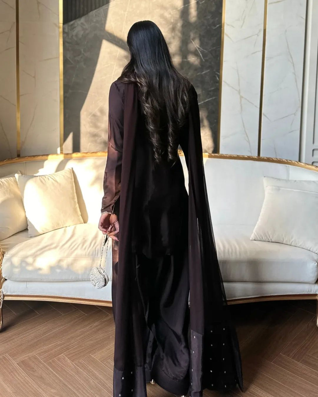 FloraLuna Chocolate Brown Silk Satin Suit with Hand-Worked Leaf Embroidery