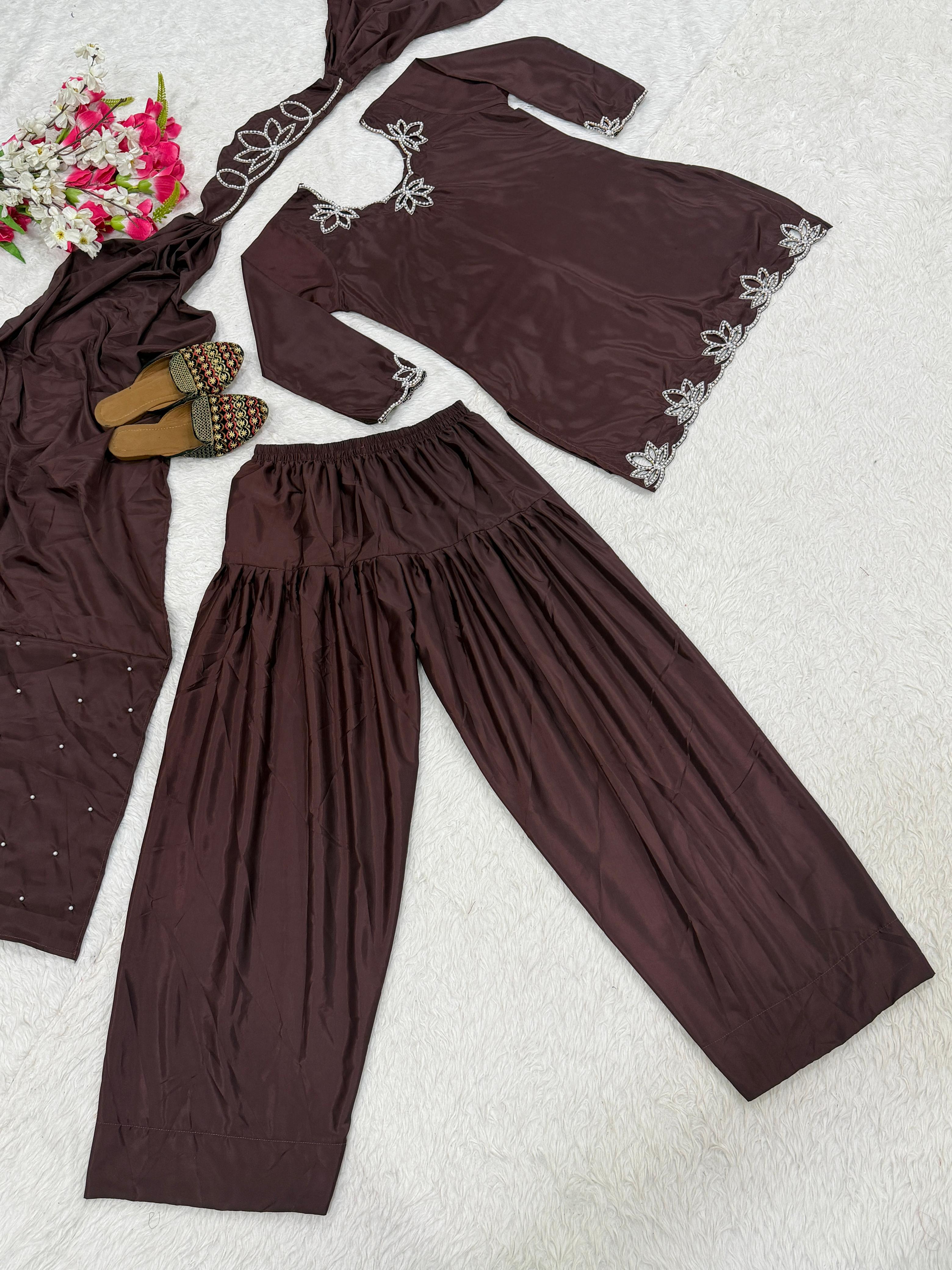FloraLuna Chocolate Brown Silk Satin Suit with Hand-Worked Leaf Embroidery