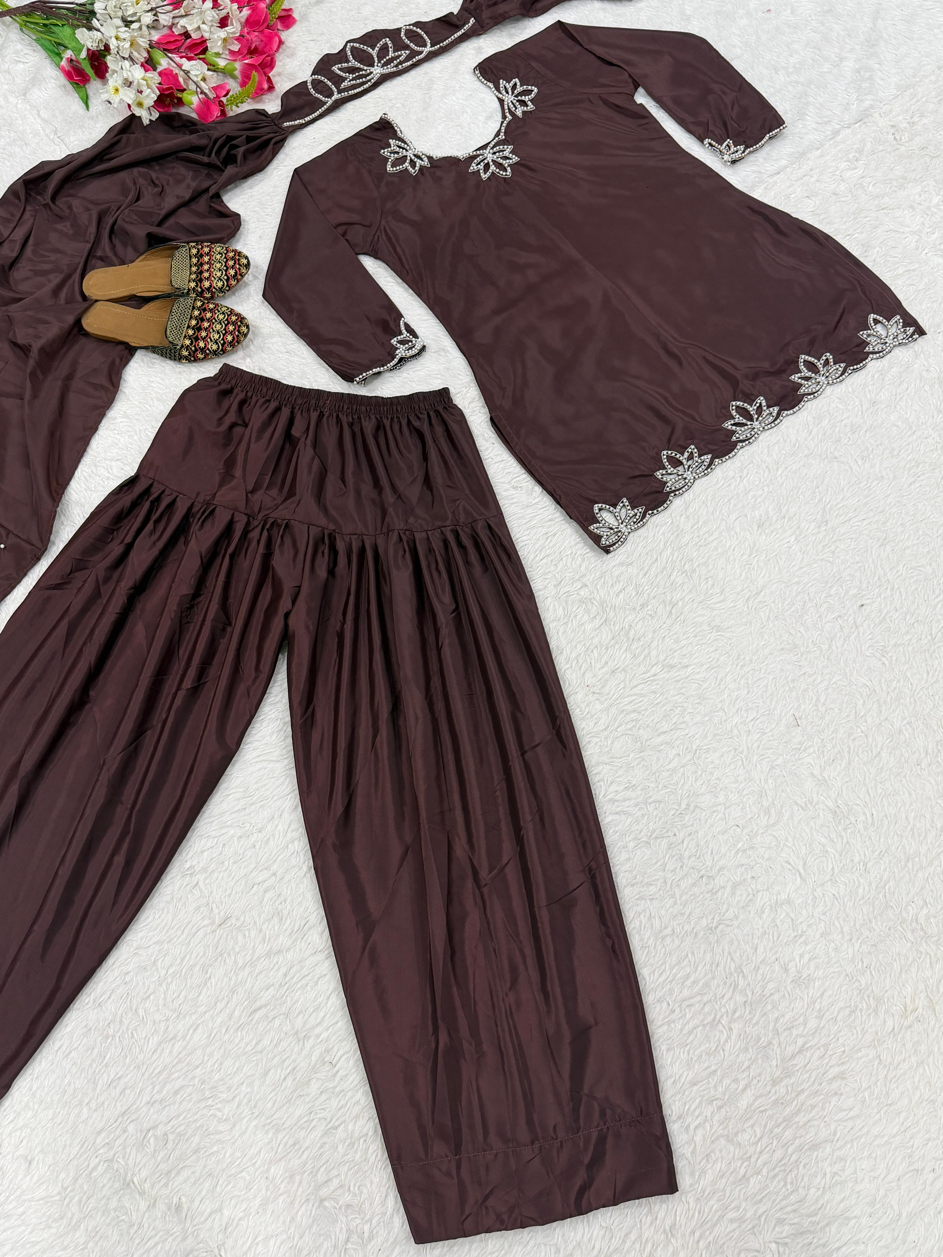 FloraLuna Chocolate Brown Silk Satin Suit with Hand-Worked Leaf Embroidery