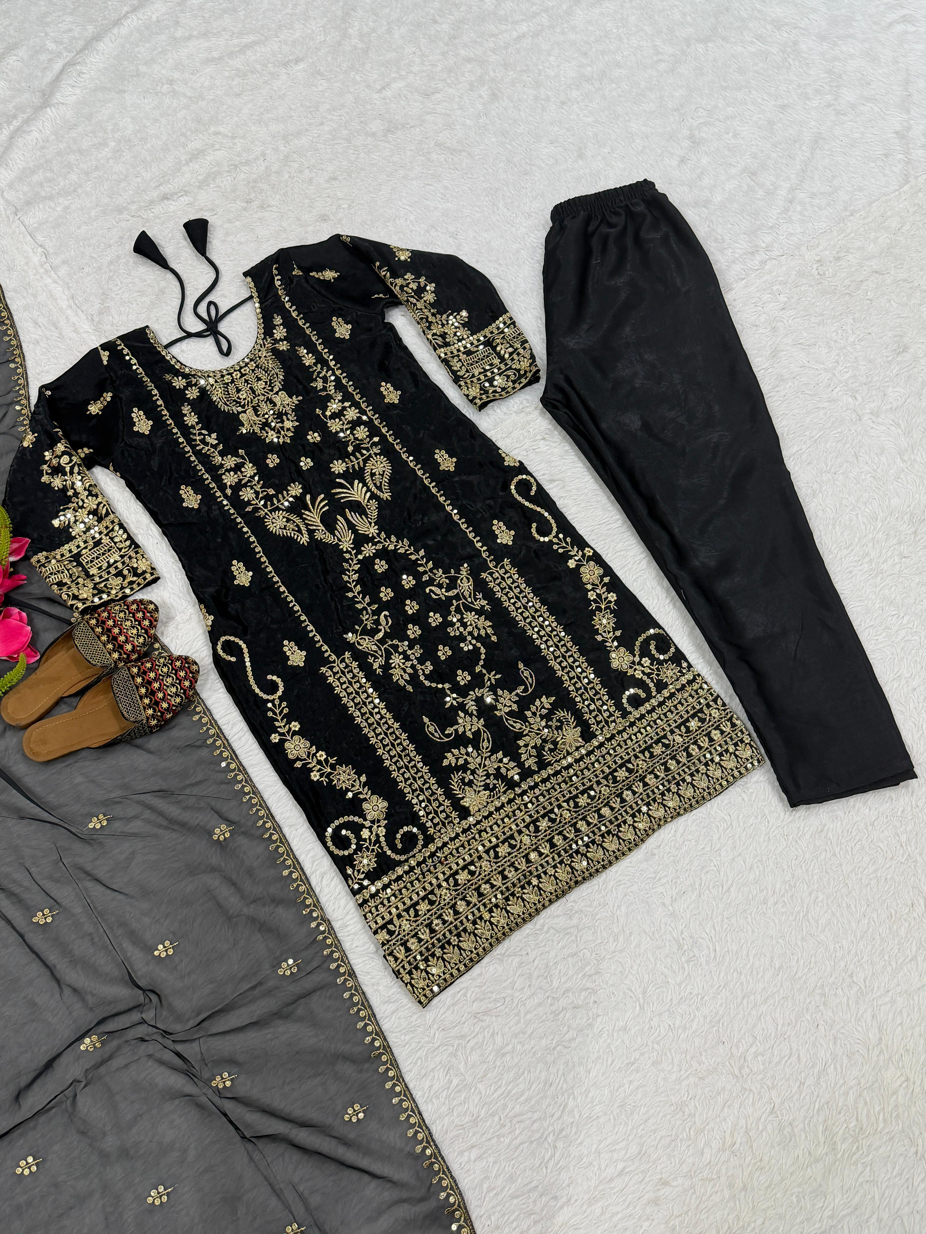 Fkoraluna Chocolate Brown Silk Satin Salwar Suit with Hand-Embroidered Leaf Cutwork