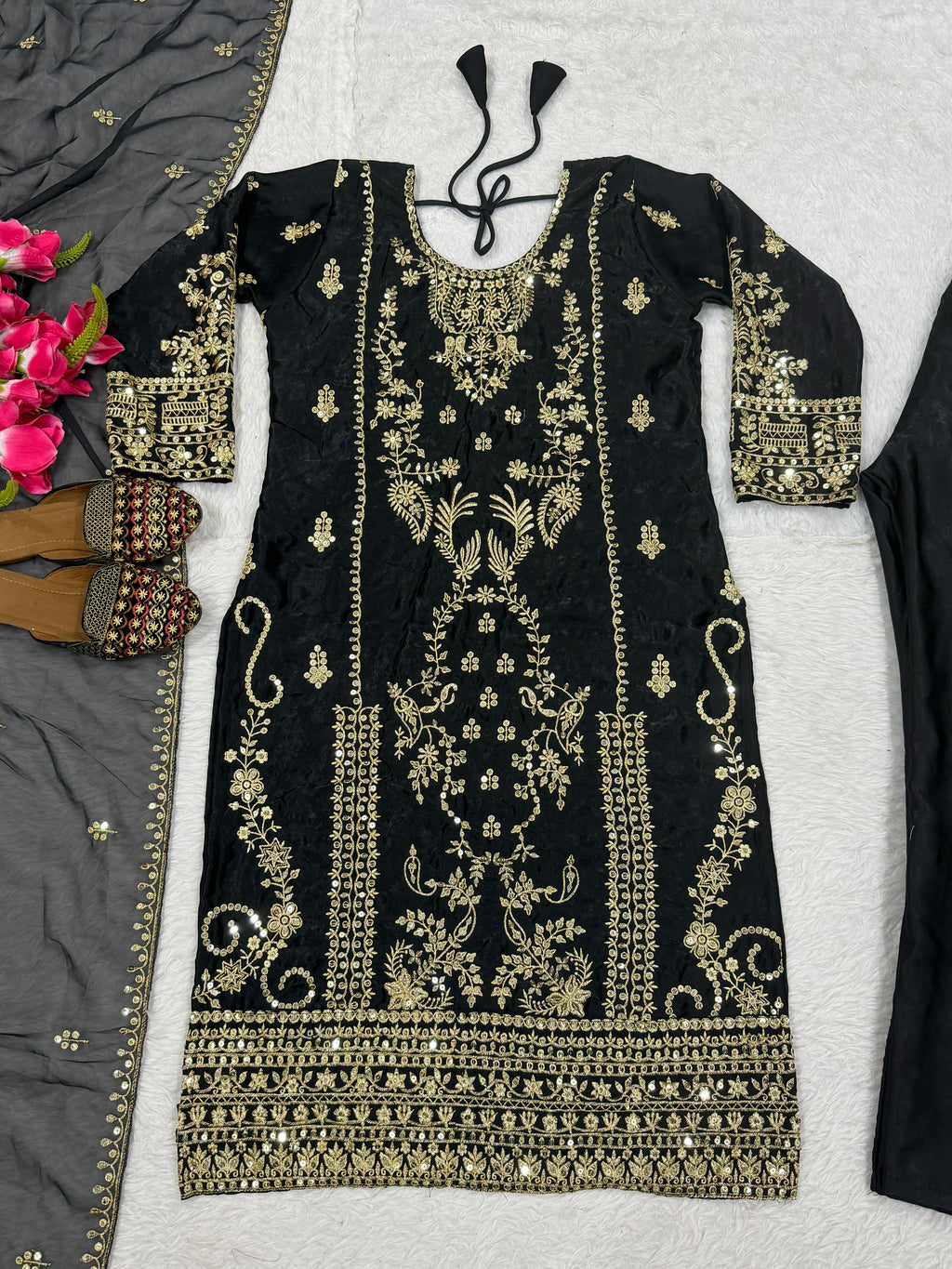 Fkoraluna Chocolate Brown Silk Satin Salwar Suit with Hand-Embroidered Leaf Cutwork