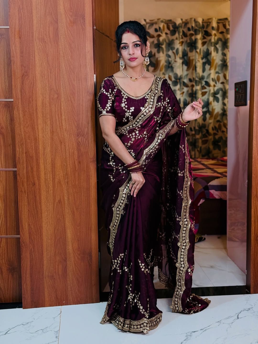 Royal Wine Velvet-Silk Saree with Scalloped Zari Borders