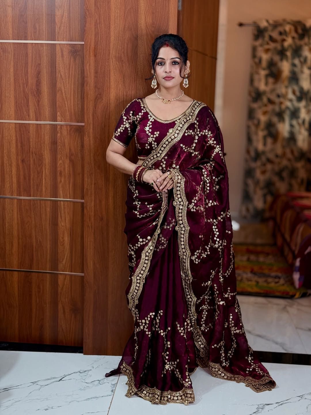 Royal Wine Velvet-Silk Saree with Scalloped Zari Borders