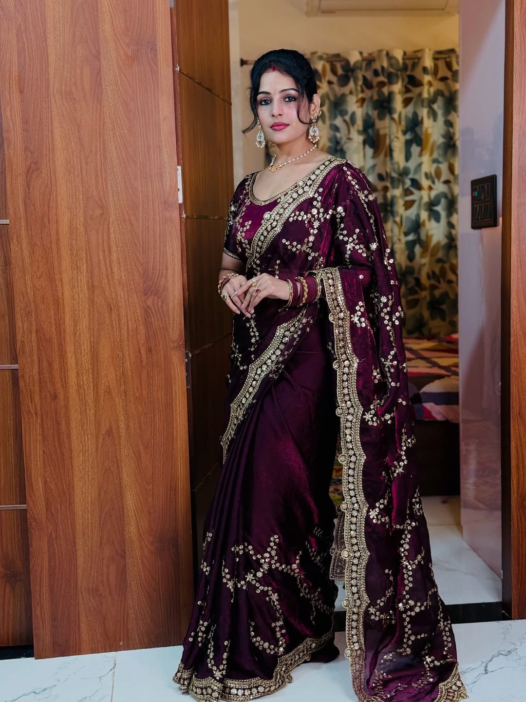 Royal Wine Velvet-Silk Saree with Scalloped Zari Borders