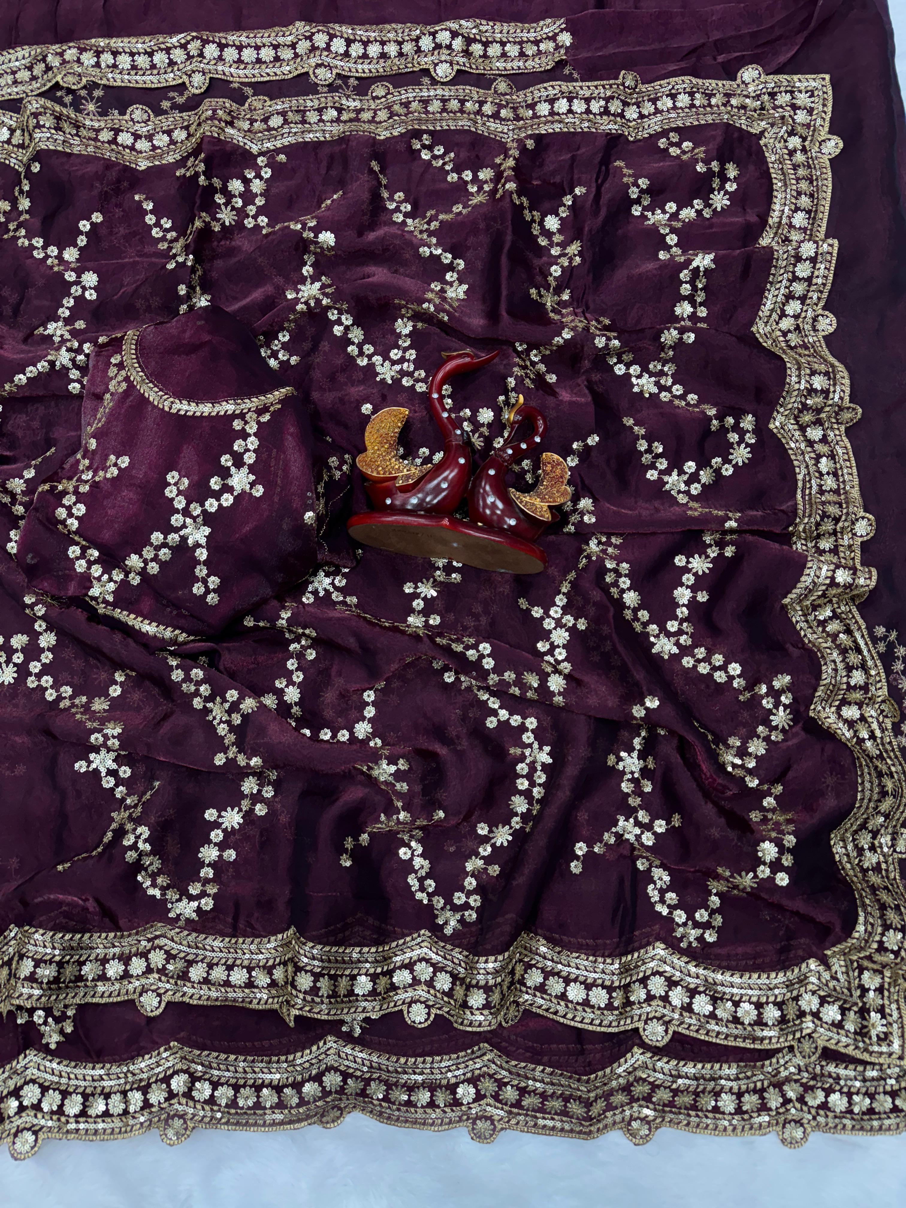 Royal Wine Velvet-Silk Saree with Scalloped Zari Borders