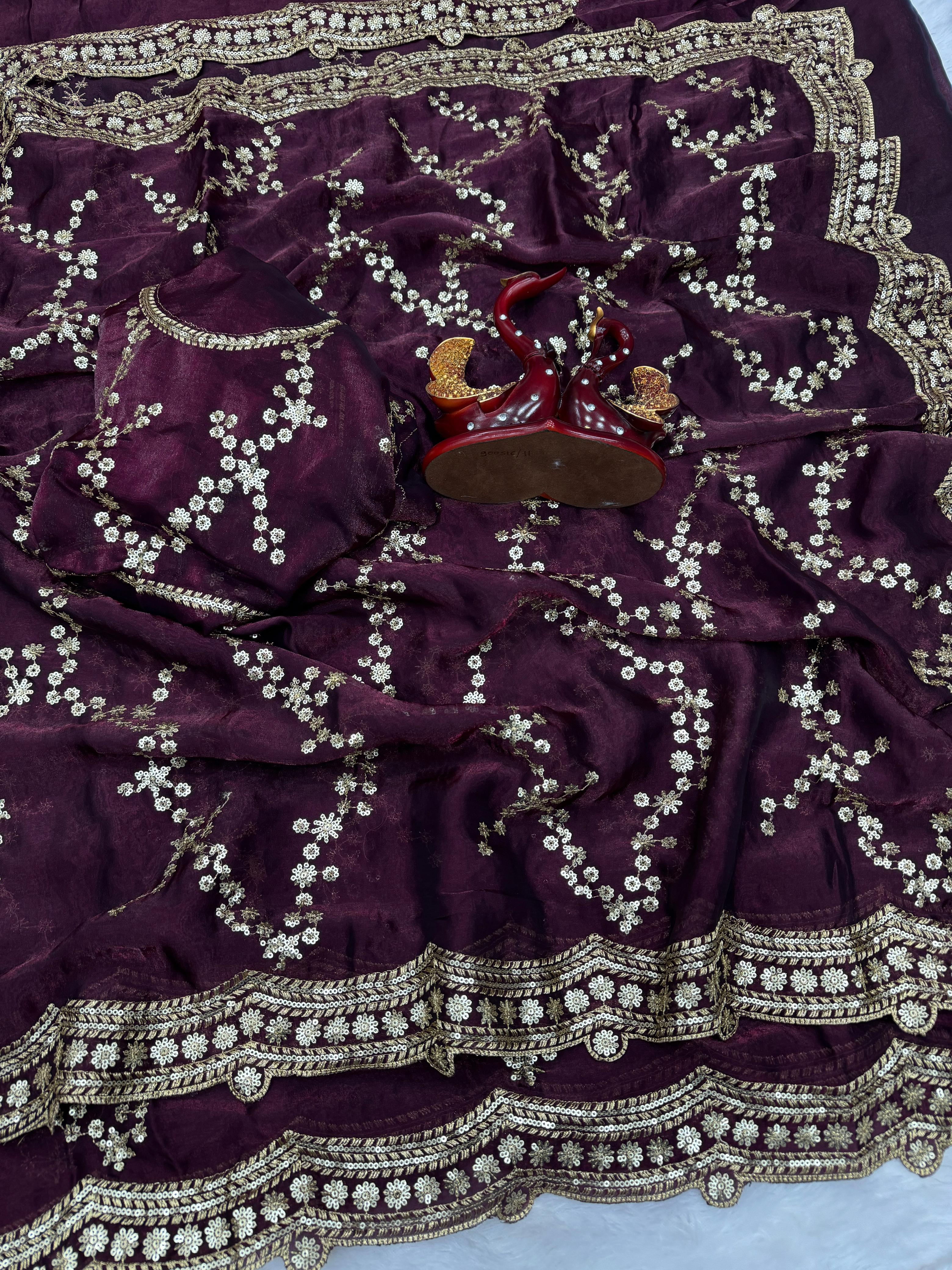 Royal Wine Velvet-Silk Saree with Scalloped Zari Borders