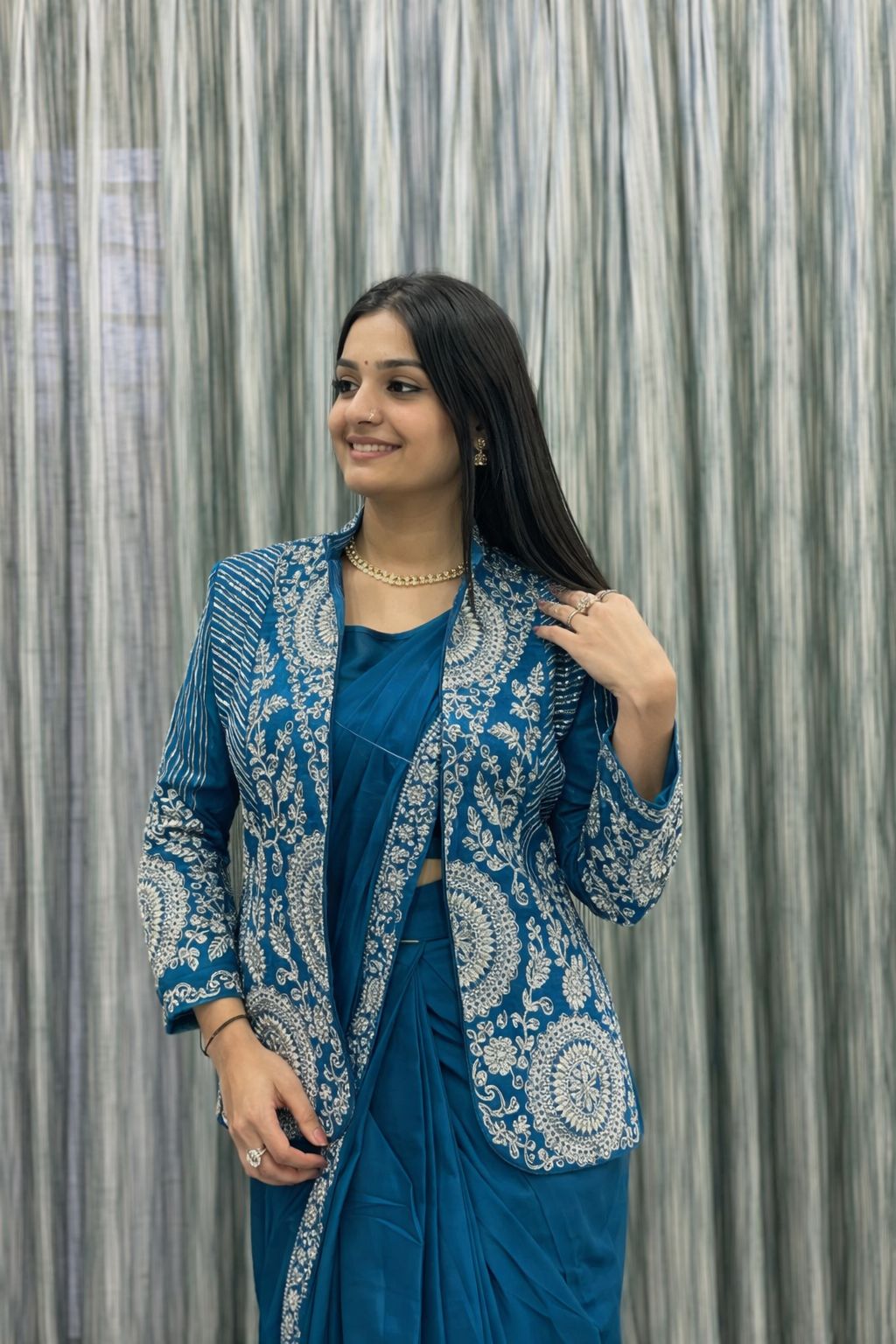 Teal Silk Saree & Embroidered Cape Jacket