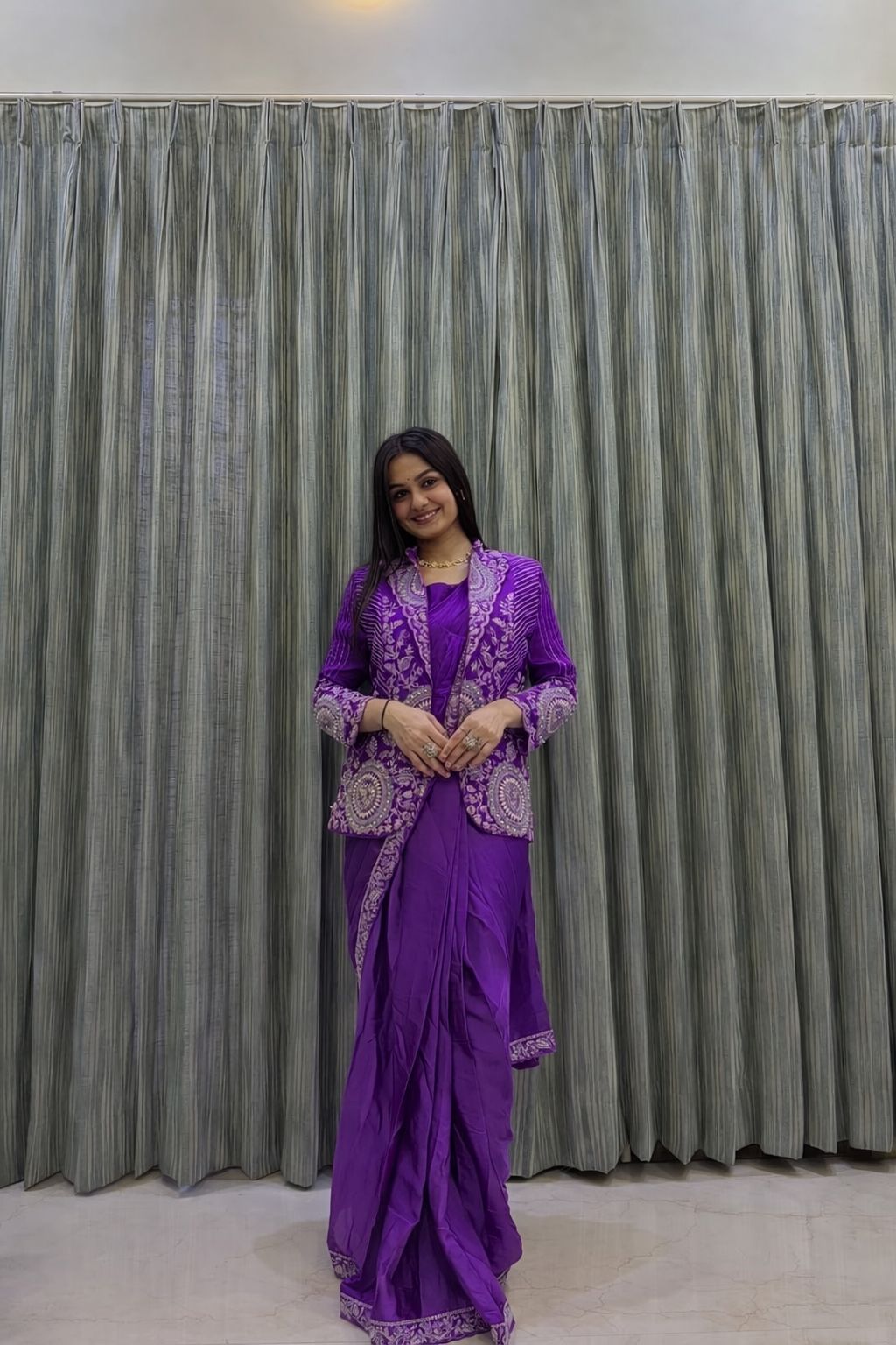 Teal Silk Saree & Embroidered Cape Jacket