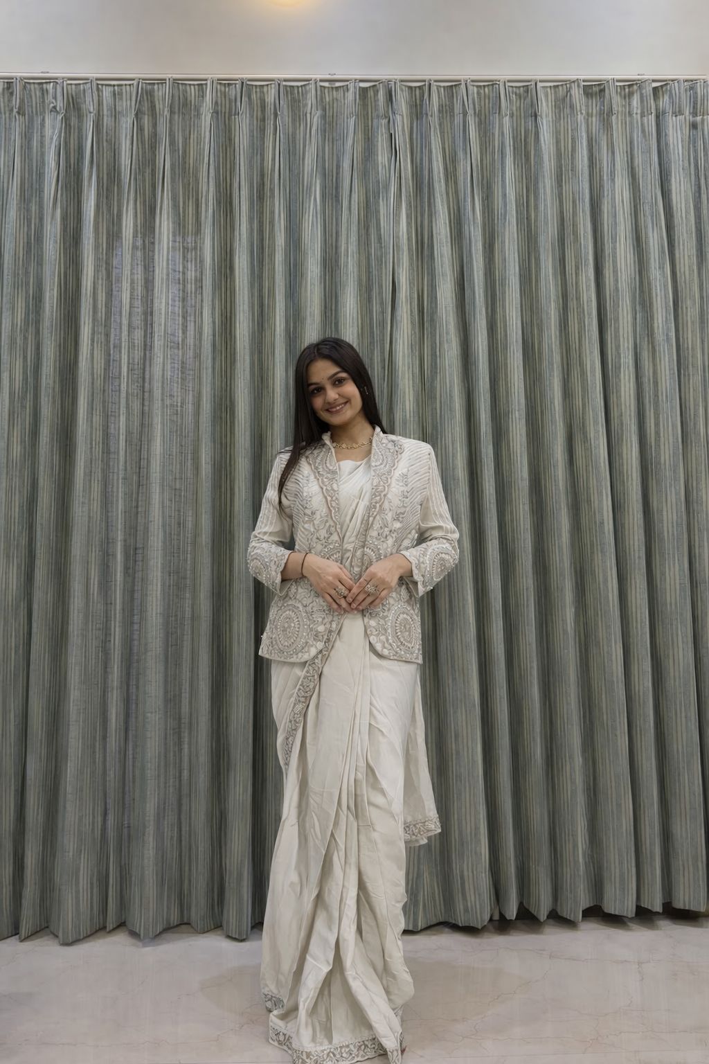 Teal Silk Saree & Embroidered Cape Jacket