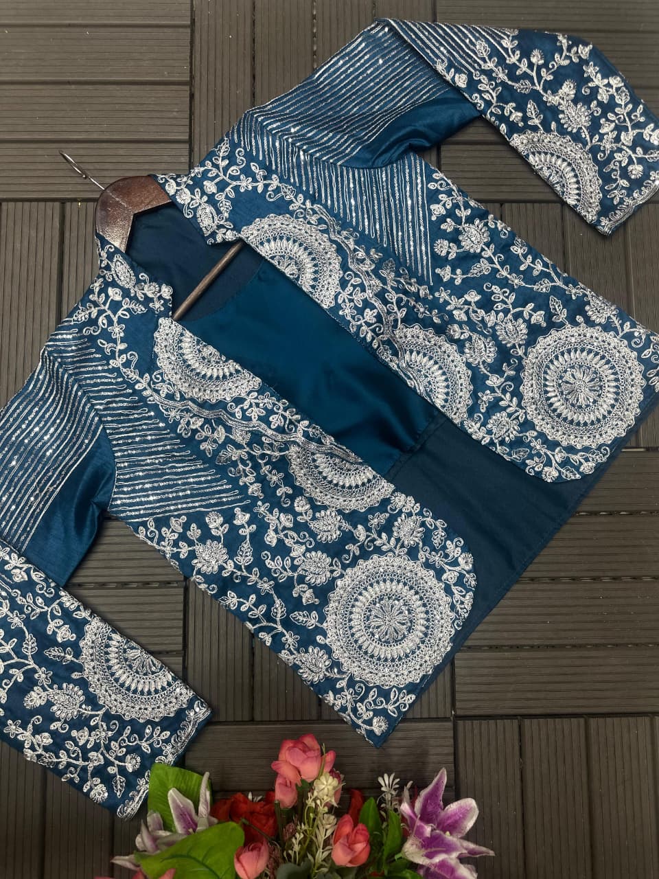 Teal Silk Saree & Embroidered Cape Jacket