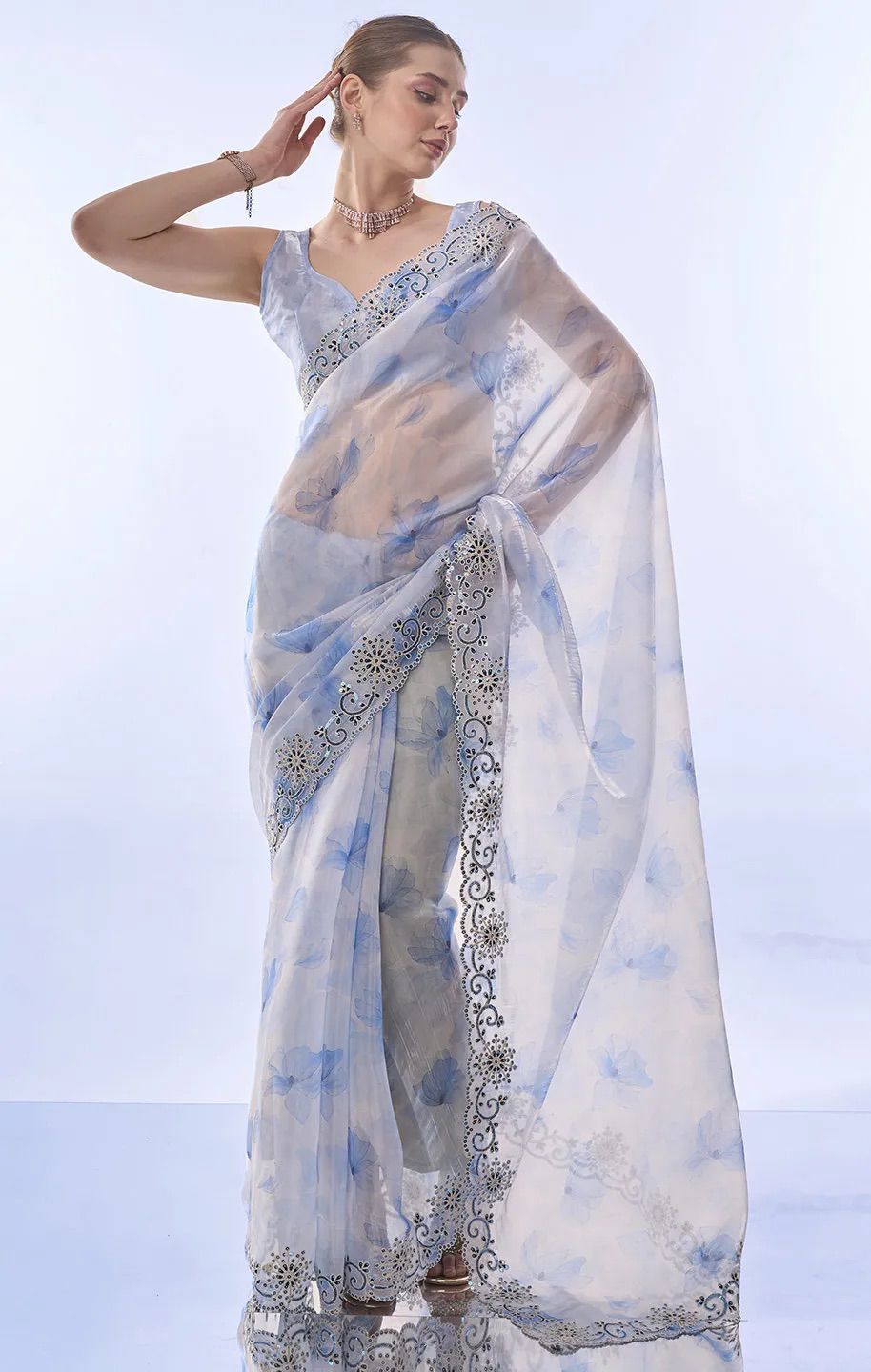 Azure Bloom Organza Saree with Scalloped Cutwork