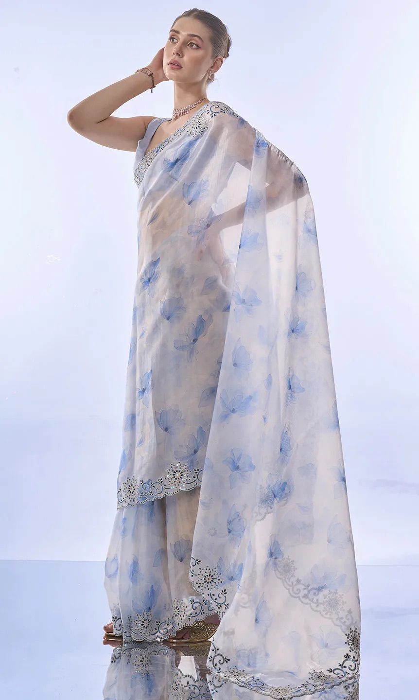 Azure Bloom Organza Saree with Scalloped Cutwork
