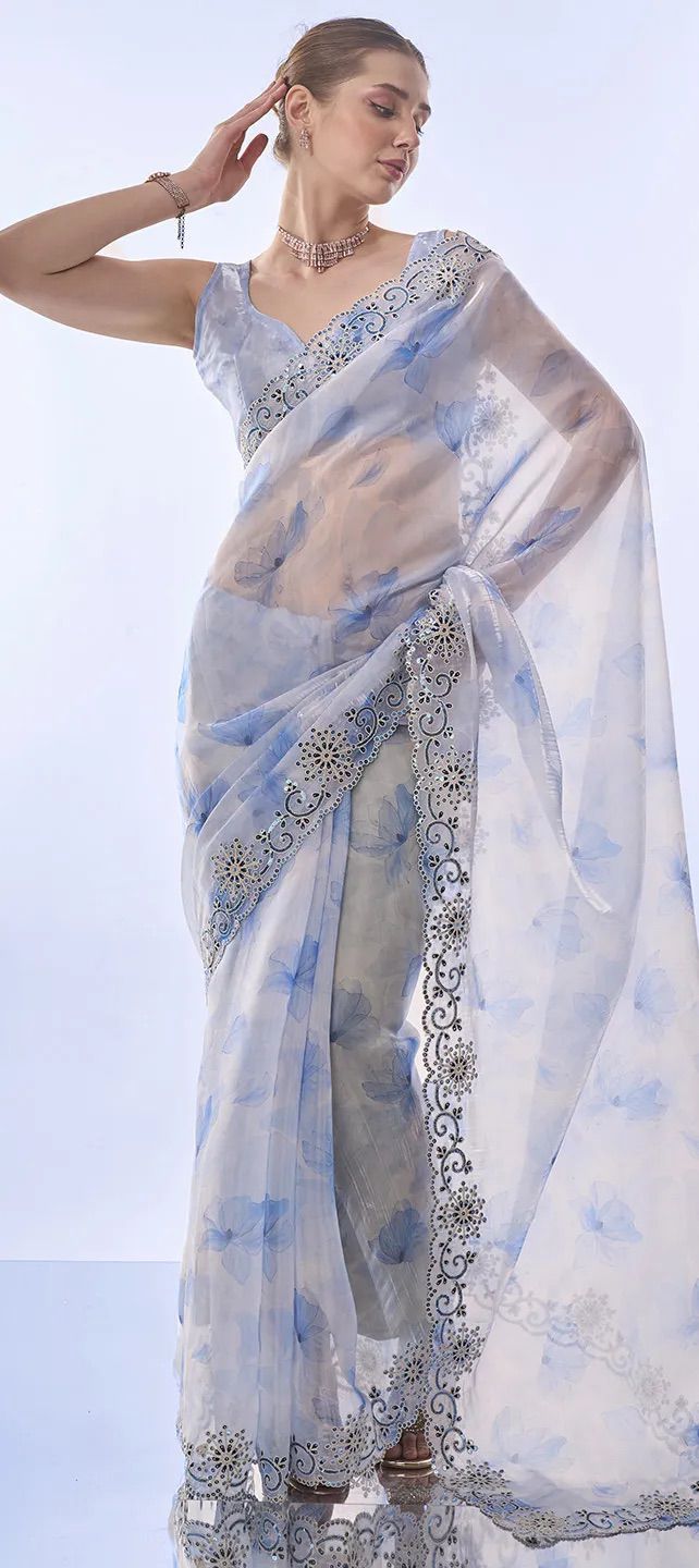 Azure Bloom Organza Saree with Scalloped Cutwork
