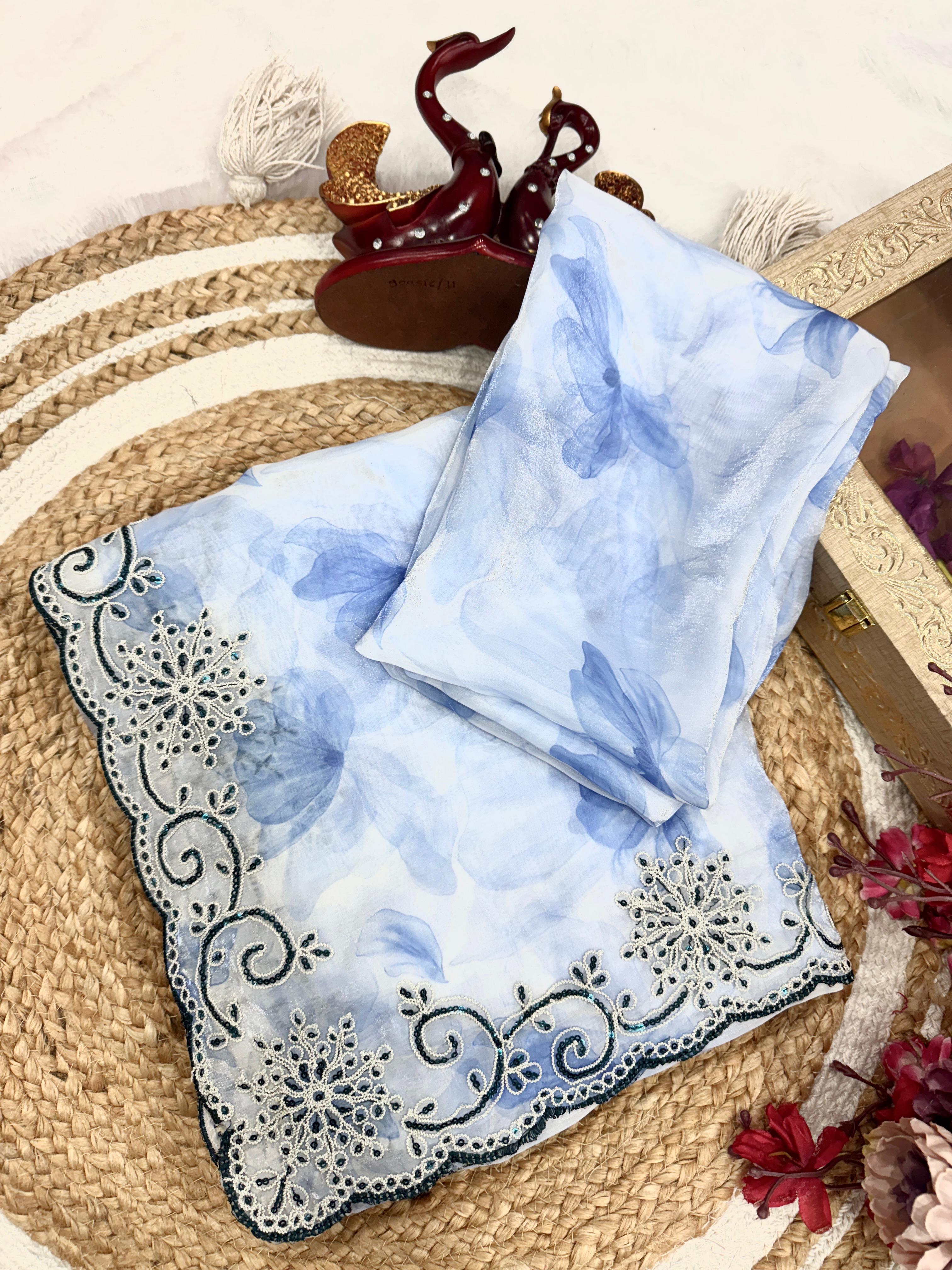 Azure Bloom Organza Saree with Scalloped Cutwork