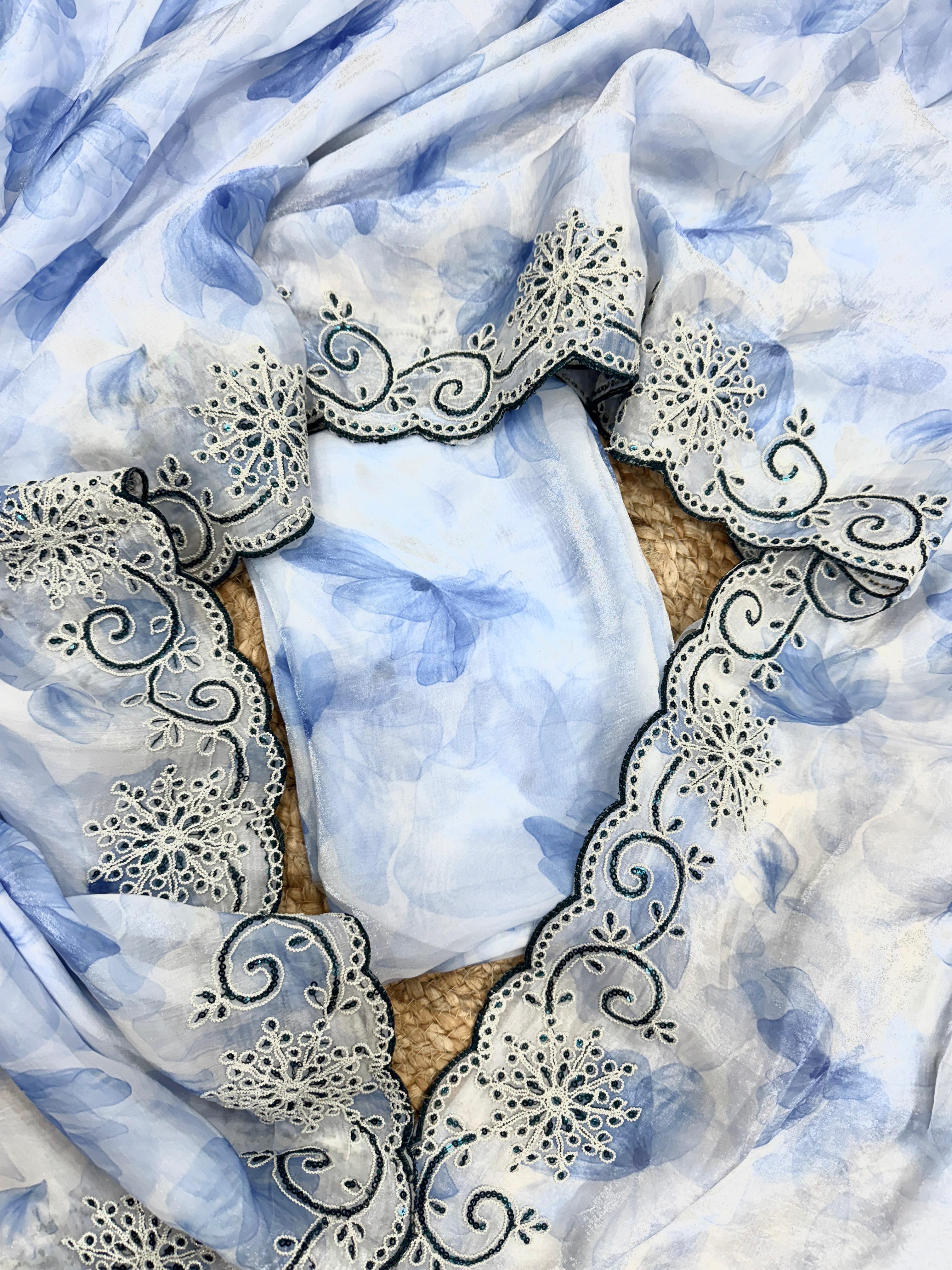Azure Bloom Organza Saree with Scalloped Cutwork