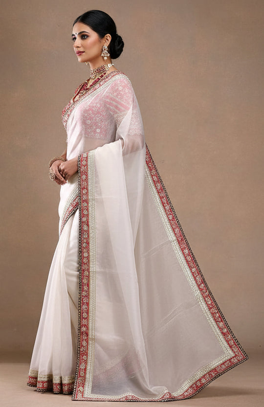 Off-White Silk-Chiffon Saree with Heavy Embroidered Red Blouse