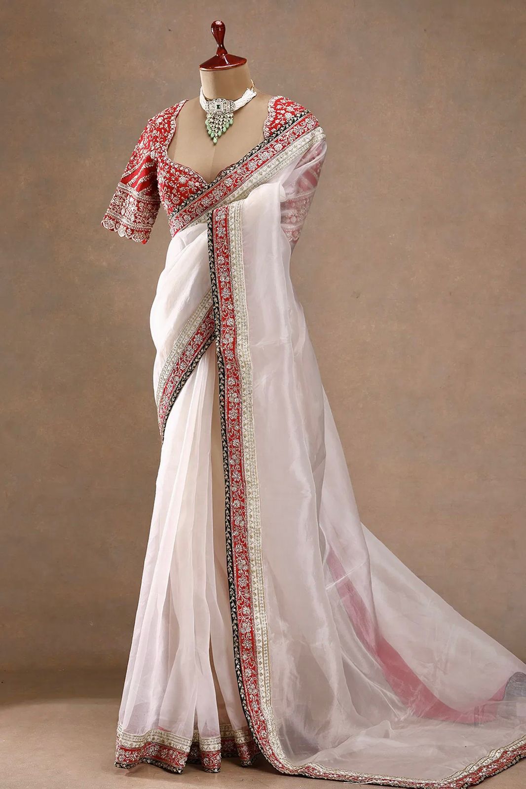 Off-White Silk-Chiffon Saree with Heavy Embroidered Red Blouse